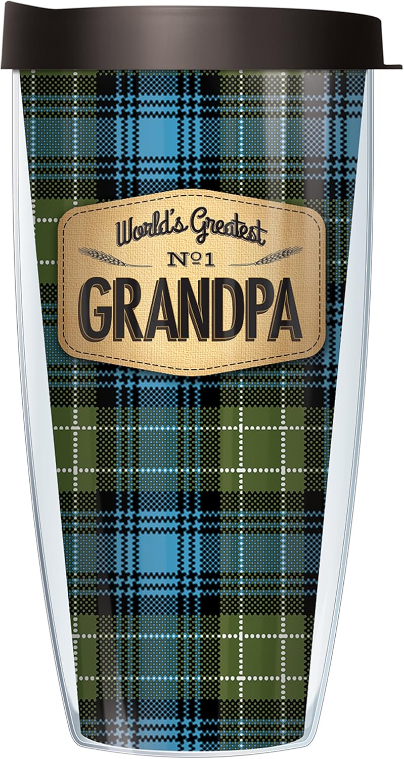 Signature Tumblers World's Greatest No. 1 Grandpa Wrap on Blue Flannel 22 Ounce Double-Walled Travel Tumbler Mug with Black Easy Sip Lid