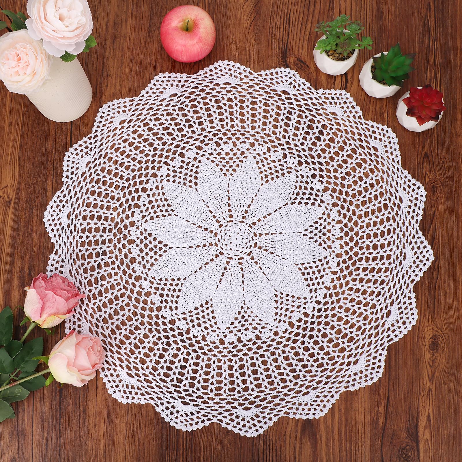 Napperon en dentelle de coton kilofly fait main 56cm, grand centre de table nénuphar blanc