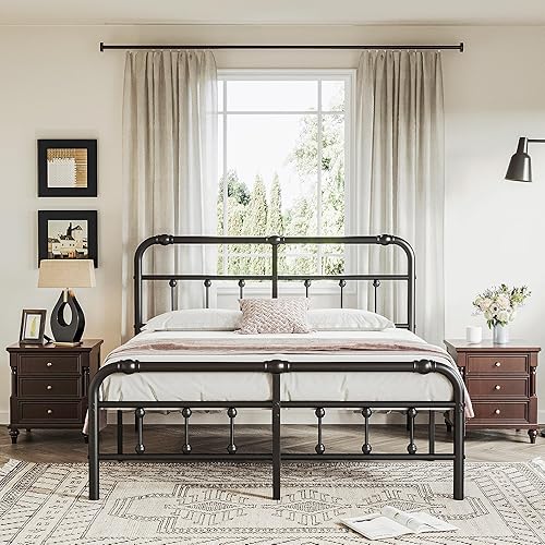 ZIYOO Base de cama de metal tamaño matrimonial con cabecera y estribo de decoración vintage, 14 pulgadas de alto, resistente soporte de 3500 libras,