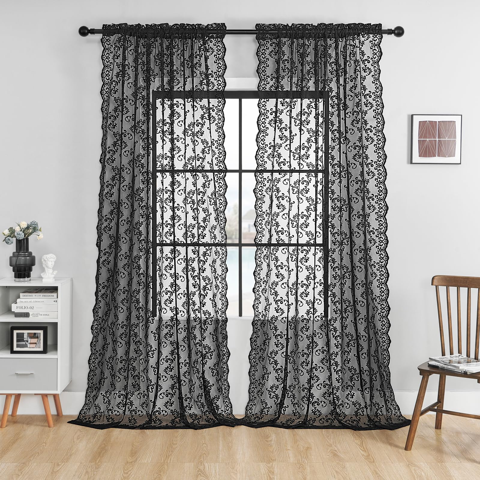 Black Lace Curtains 96 Inches Long 2 Panels Vintage French Floral Sheer for Living Room Bedroom Dark Gothic Crochet Rod Pocket Light Filtering Window