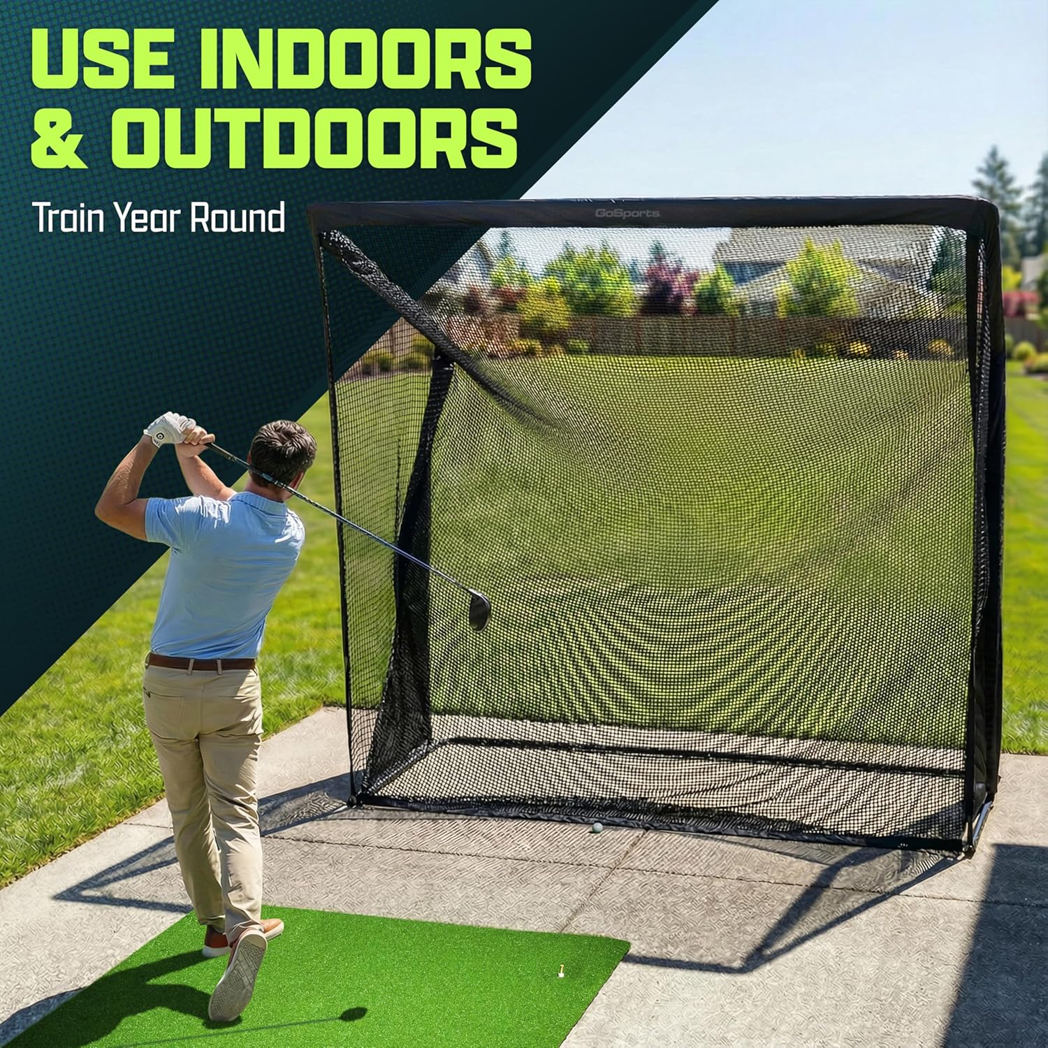 GoSports 8 x 8 ft Elite Golf Net with LoftGuard Canopy and Steel Frame - Indoor & Outdoor Practice Golf Hitting Net