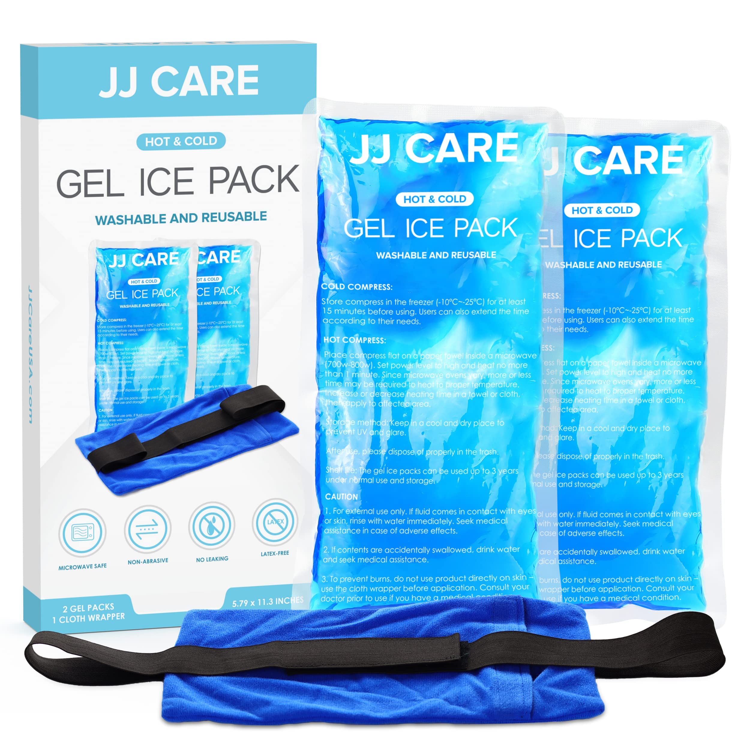 JJ CAREIce Packs for Injuries Reusable (Pack of 2) - Gel Ice Packs Reusable - Soft Ice Pack for Injuries with Wrap - Flexible Therapy, for Knee, Back, Neck, Wrist, & Ankle