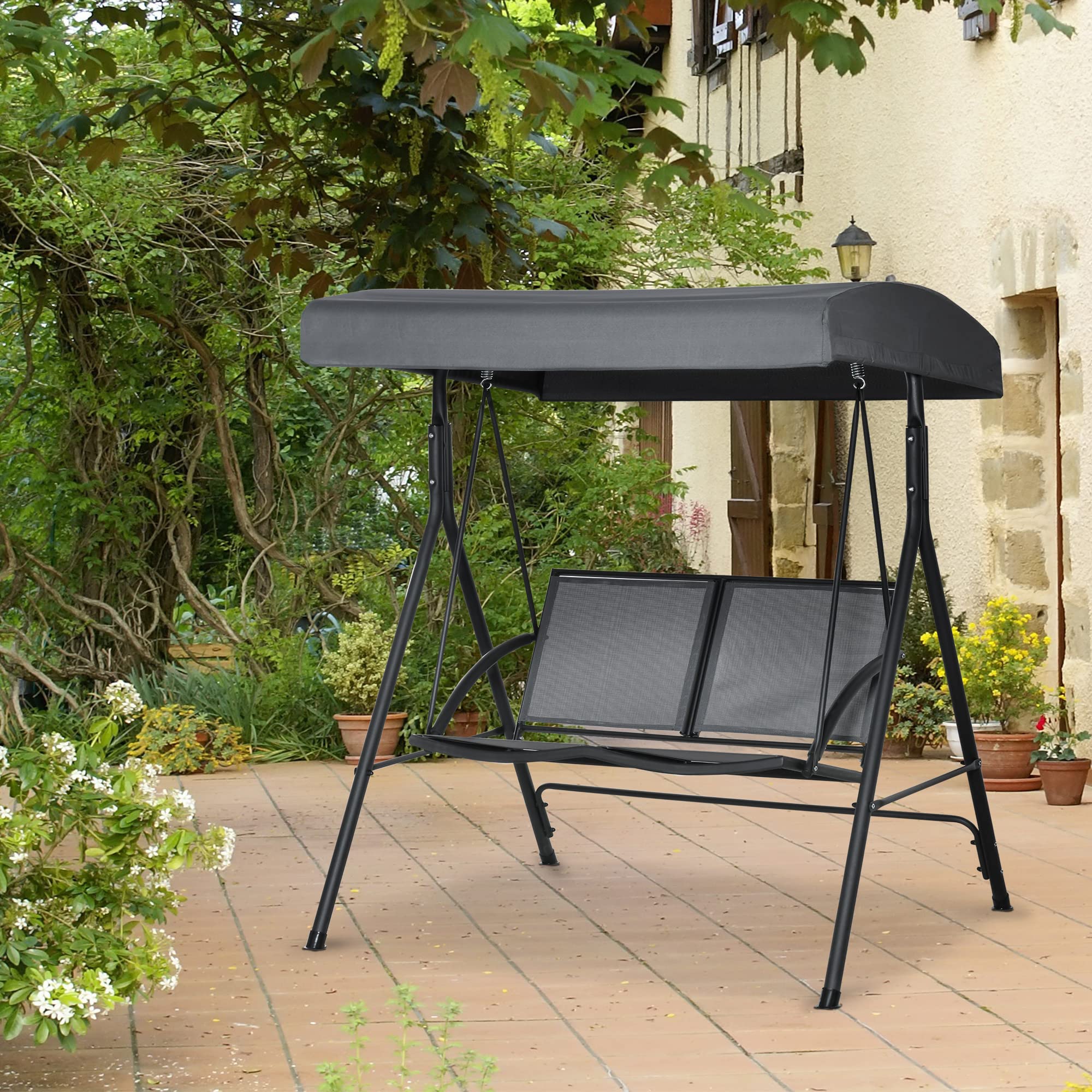 Outsunny Balancelle de Jardin 2 Places Acier époxy textilène Gris Toit Inclinaison réglable