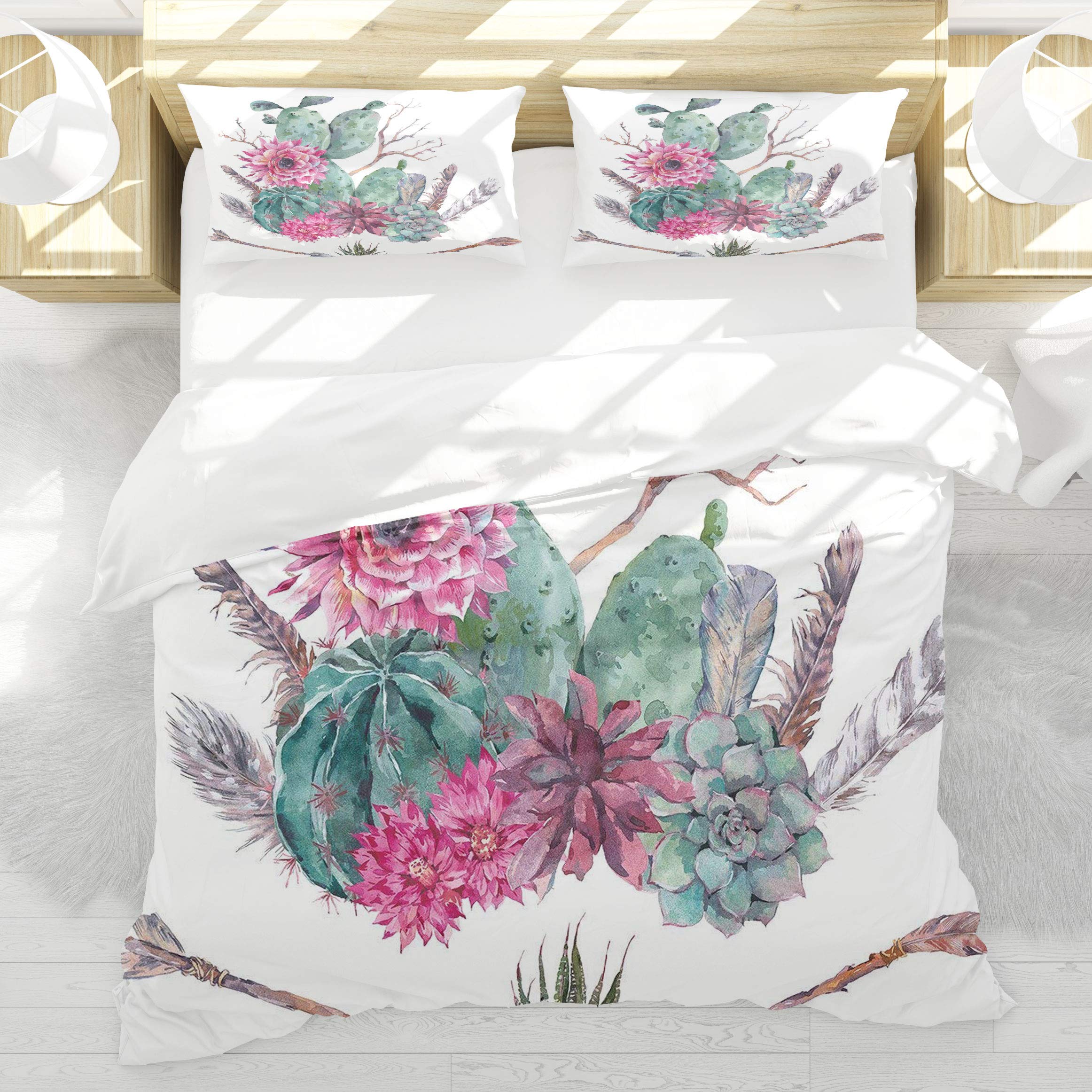 Housse de couette 220x240cm cactus exotique bohème BEDNRY avec 2 taies d'oreiller