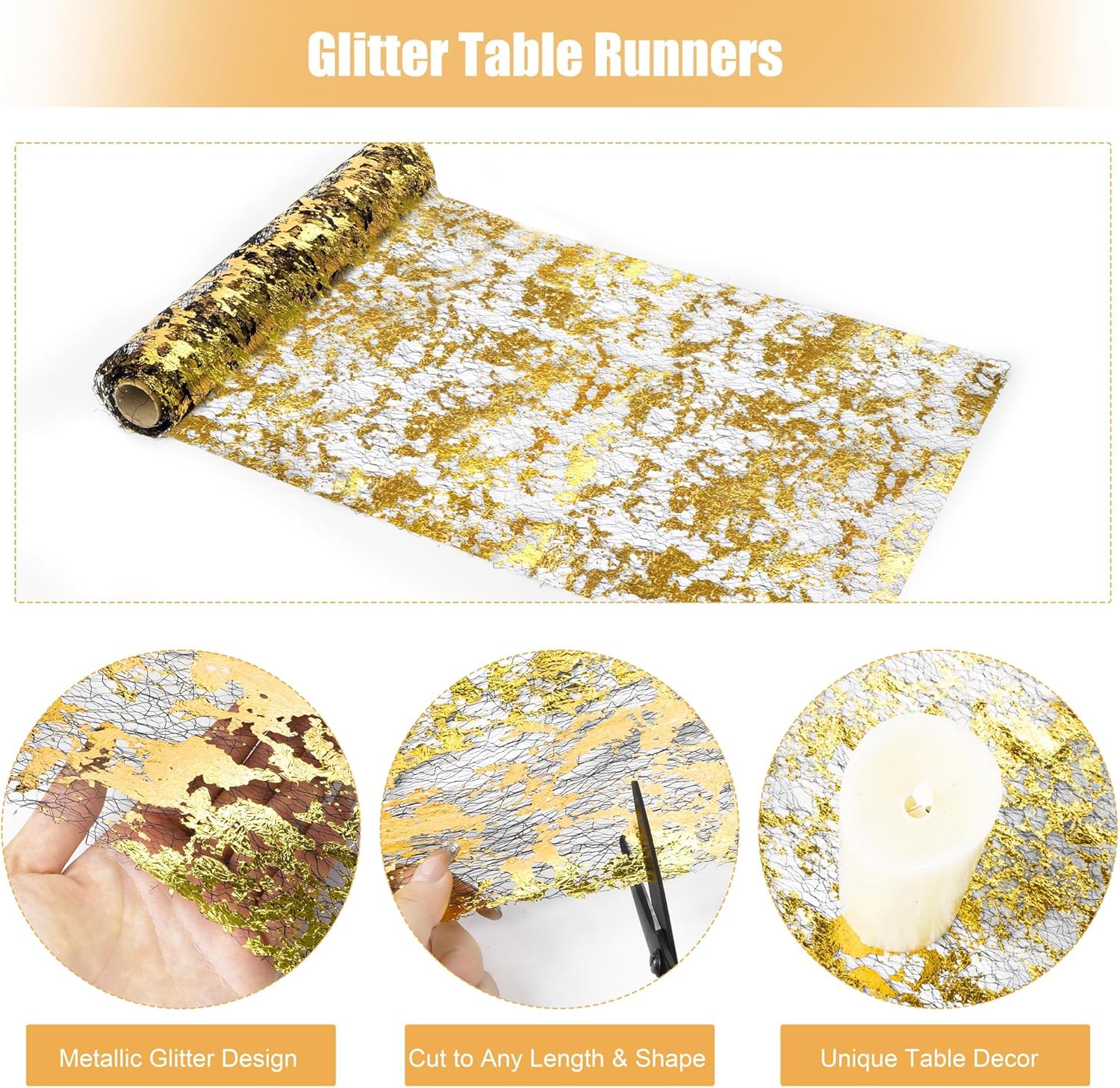 Aneco 12 Pieces Metallic Glitter Table Runner 84 x 11 Inches Black and Gold Glitter Mesh Table Runners Sparkle Rectangle Runner Roll Decorations for Wedding Baby Shower Birthday, DIY Home Decor