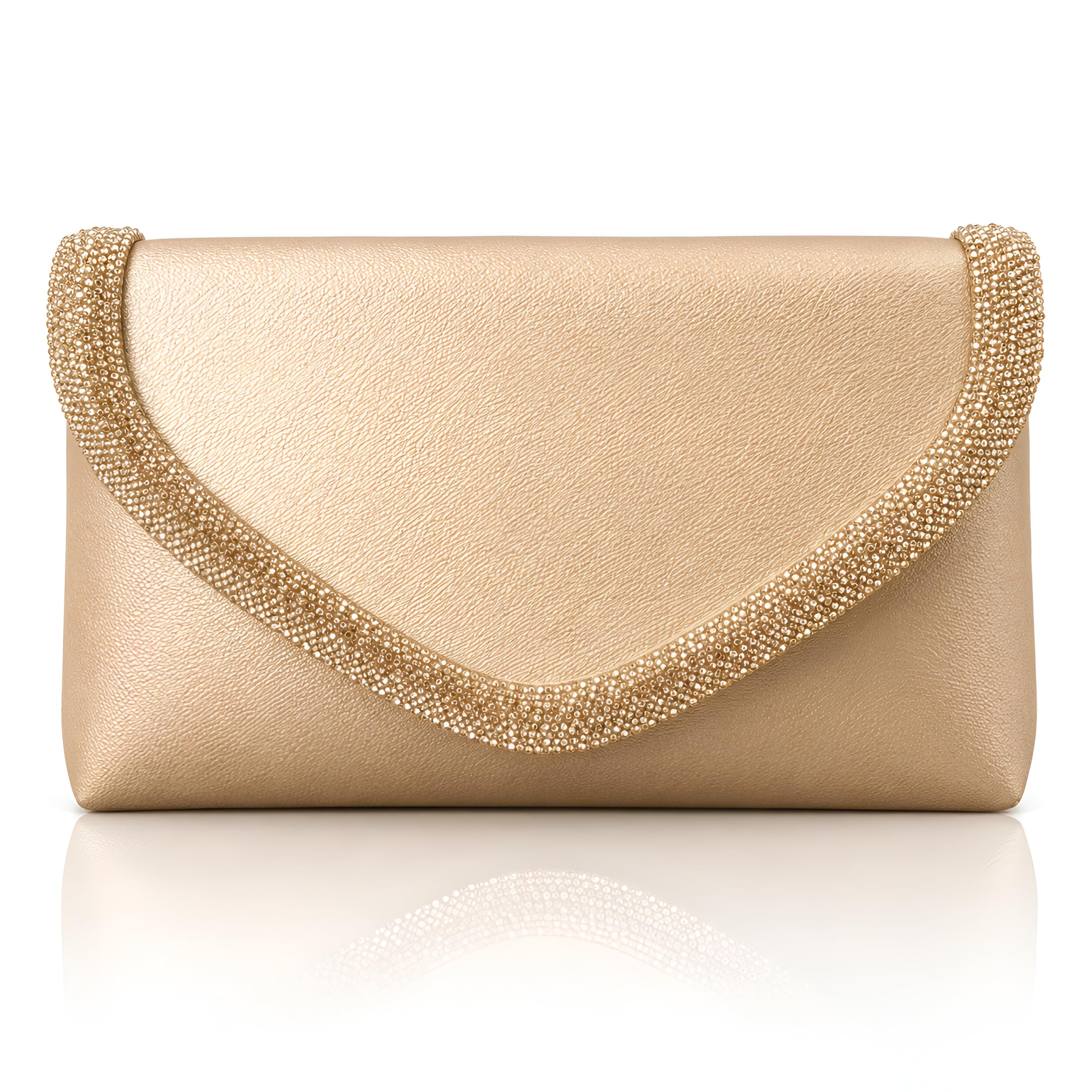 Champagne Gold Clutch Purse for Women | Crystal Stone Embellished Evening Handbag with Detachable Chain Strap | Party Sling Bag for Wedding, Cocktail, Bridal, Festive & Special Occasions-image-26