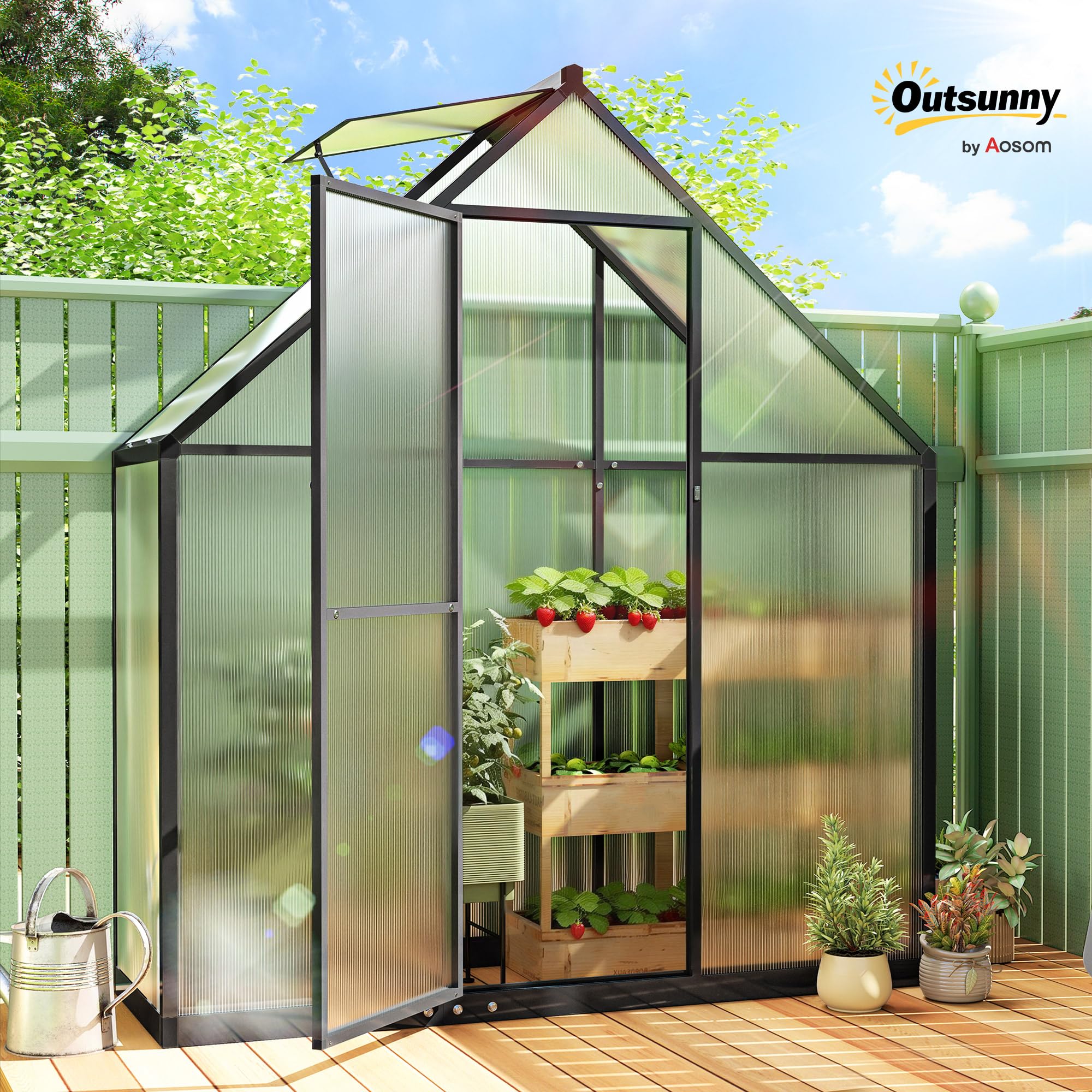 Outsunny Gewächshaus aus Aluminium und Polycarbonat, Gewächshaus mit verstellbarem Fenster und Flügeltür, wetterfestes Außenhaus für Pflanzen, Blumen, Gemüsegarten und Setzlinge, transparent