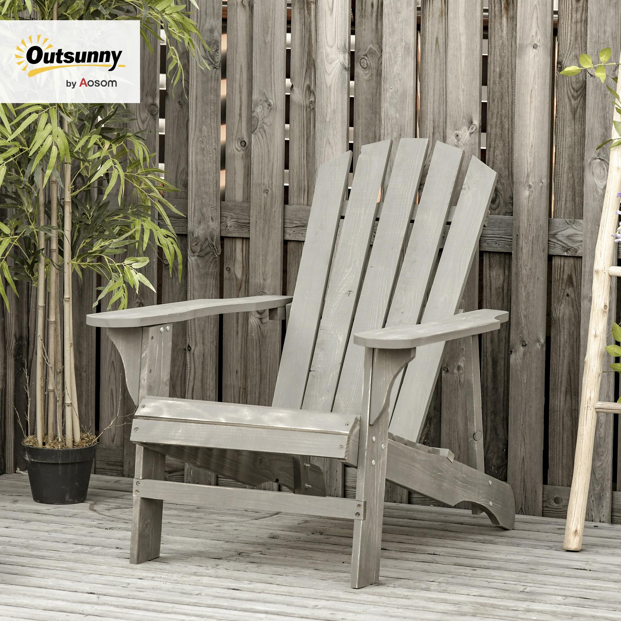 Outsunny Silla Adirondack de Madera Silla de Jardín con Asiento Extra Ancho Carga 150 kg para Patio Terraza Balcón 78x89x88 cm Gris Claro
