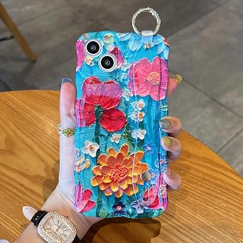 UEEBAI for iPhone 14 Plus/15 Plus Case, Oil Painting Flower Case with Phone Grip Pretty Glossy Wave Cover Cute Floral Curly Cover with Phone Finger Strap Stand for Women Girl, Blue Flower