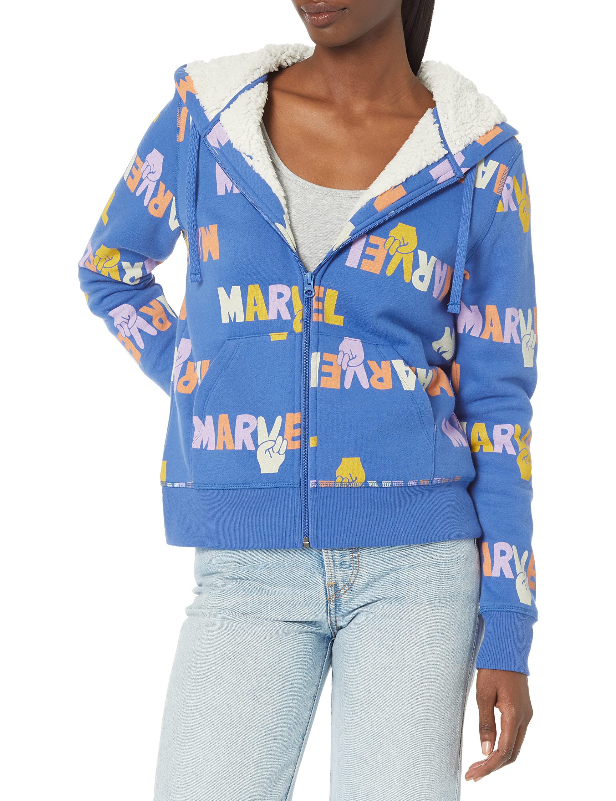 Amazon Essentials Disney | Marvel | Star Wars | Princess Women's Fleece Sherpa-Lined Full-Zip Hooded Sweatshirt