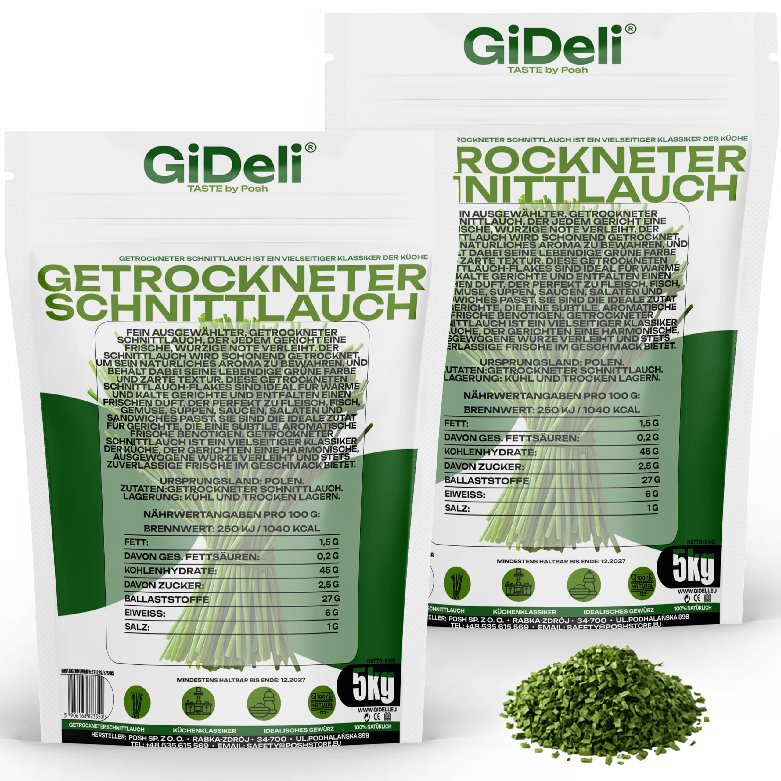 GiDeli Getrockneter Schnittlauch 2 x 5kg - Küchenkräuter getrocknet - Perfekt für Kartoffelgerichte Suppen Salate Soßen