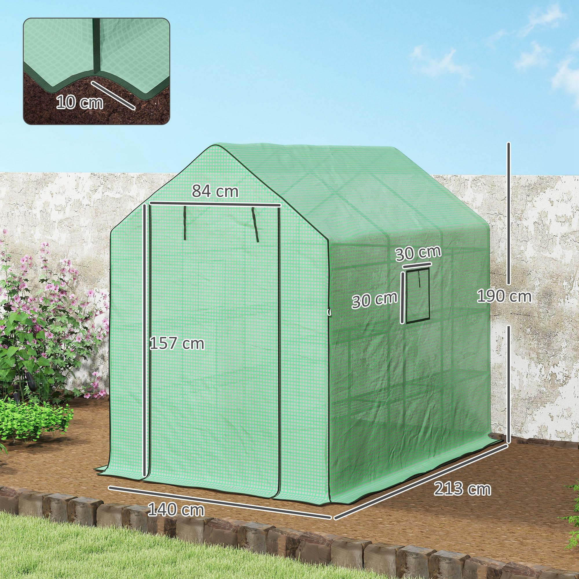 Outsunny Serre avec accès 3 Niveaux 12 étagères 140 x 213 x 190 cm Vert