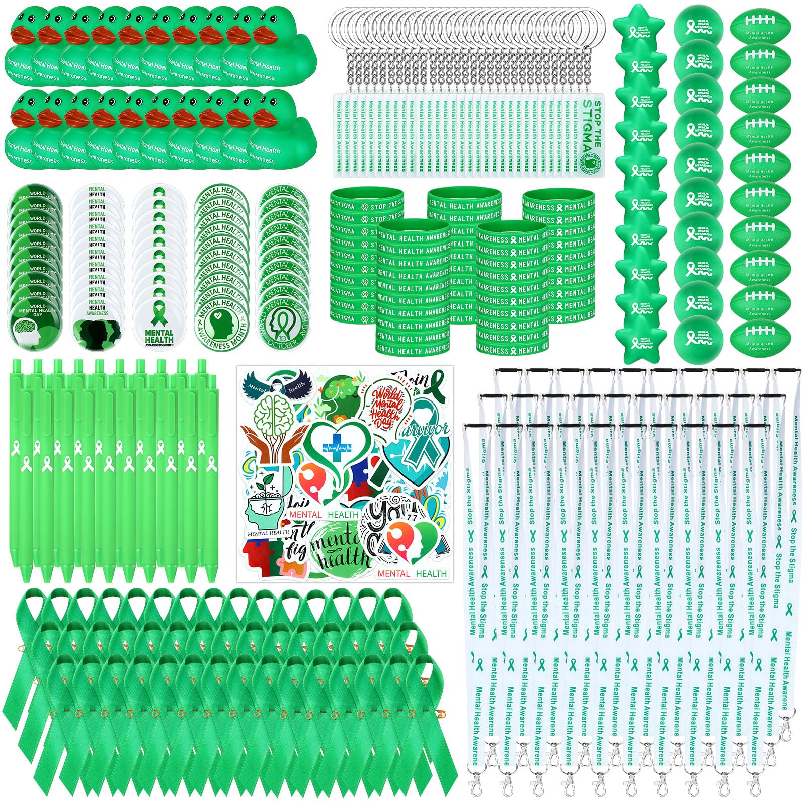Hotop 620 artículos de concienciación sobre la salud mental incluyen patos de goma, bolas de estrés, pines de cinta verde, broches de insignia, bolígrafos, calcomanías, pulseras, cordones, llaveros,