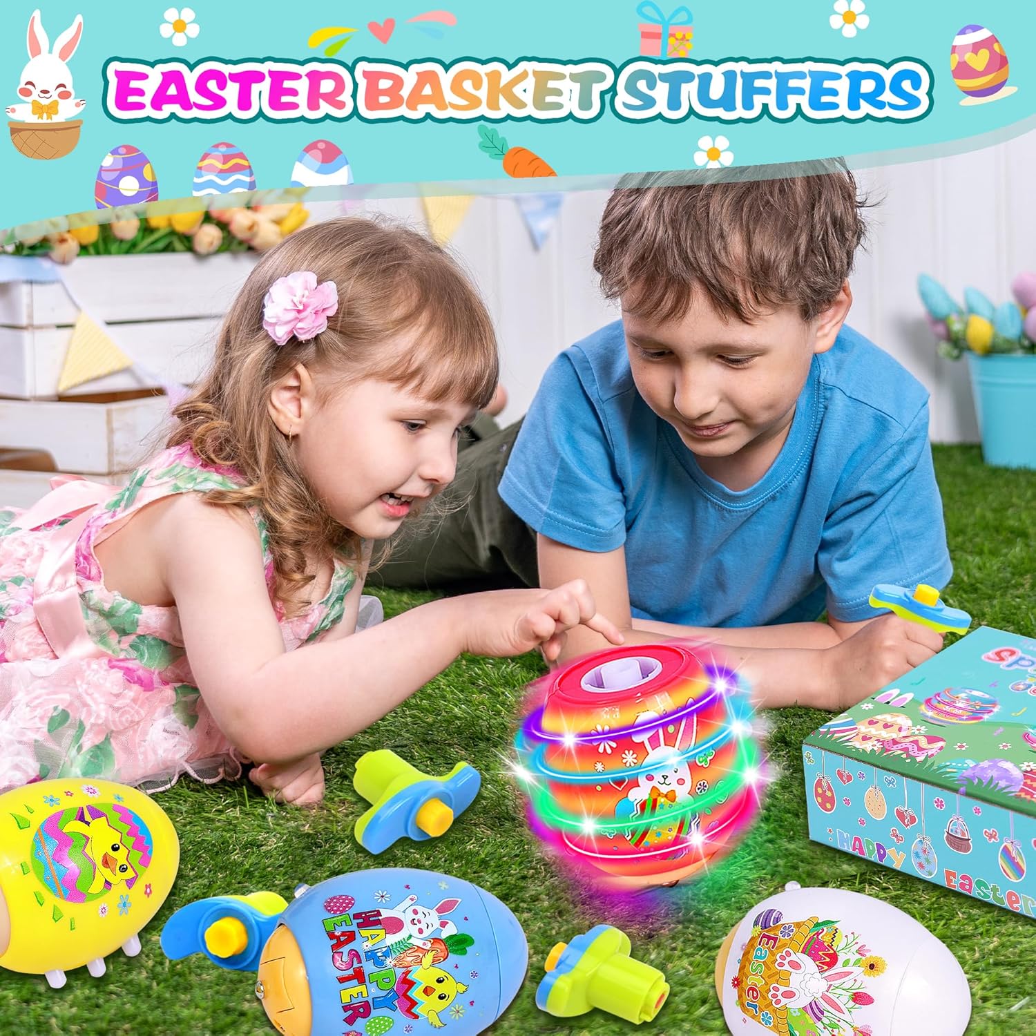 Itscolofy 4 Pack Easter Basket Stuffers for Kids Light Up Spinning Singing Tops with Flash, Easter Gifts for Toddler Boys Girls, Easter Eggs Toys, Easter Eggs Filled Goodie Bag Prize Party Favor