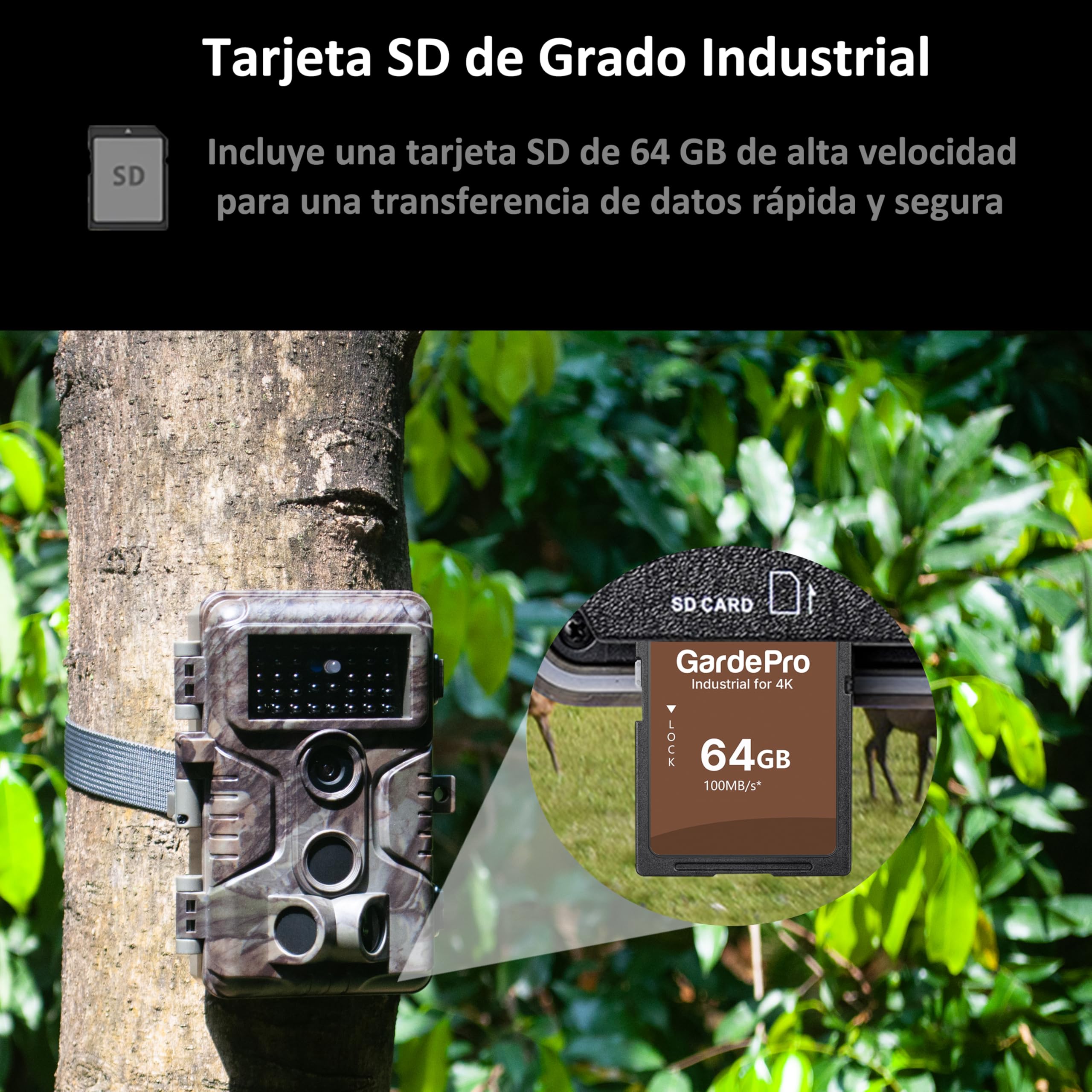 GardePro A3S Câmaras de Caça, Tarjeta de Memoria de 64GB 64MP 1296P H.264 Vidéo, Camara Fototrampeo con Alcance de Visión Nocturna de 30m y 0,1s Tiempo de Activación, LED IR de 940 NM No-Glow, IP66