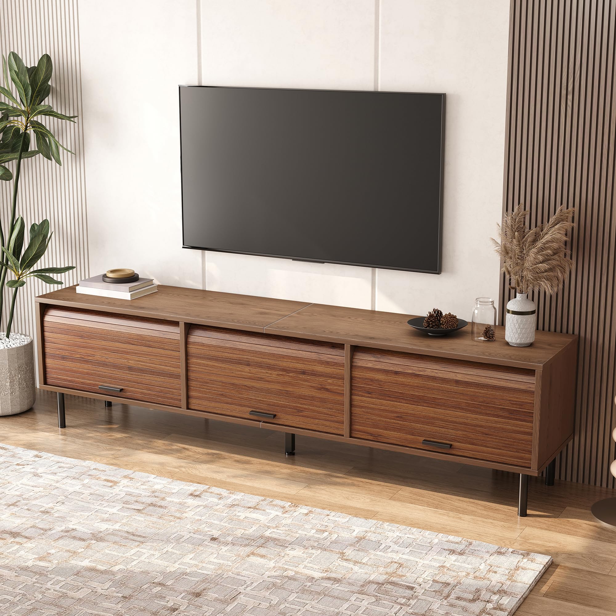 Mobile TV basso con 3 ante scorrevoli e 5 piedi, 180 cm, noce