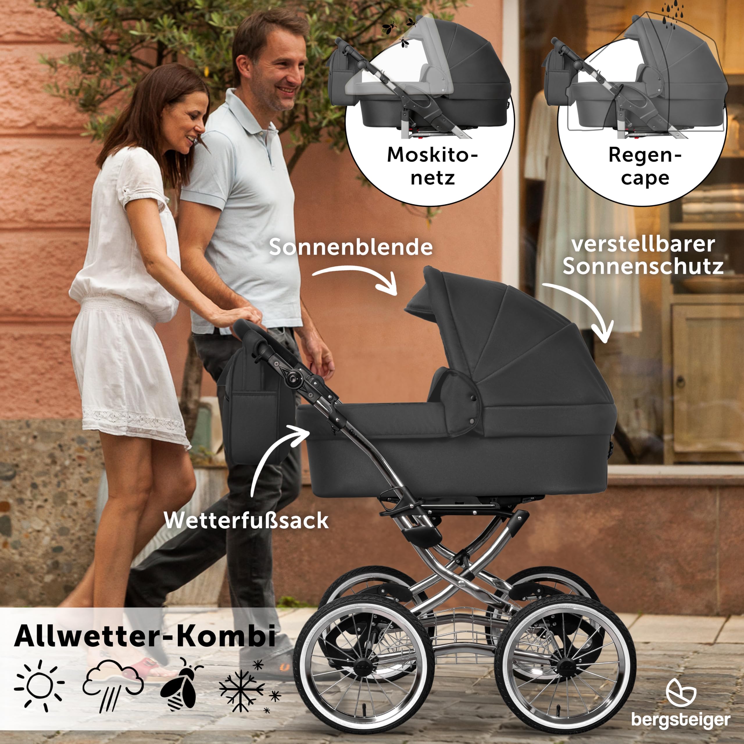 Bergsteiger Venedig Nostalgie Kombikinderwagen 2-in-1 Babywanne | Komfortabler Buggy ab Geburt bis 22 kg mit 14 Zoll Luftreifen Rahmenfederung verstellbarem Griff und Wickeltasche