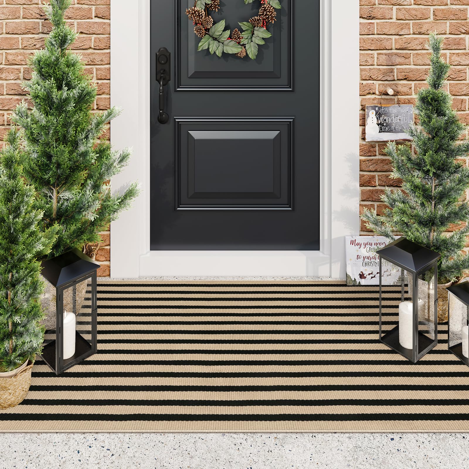 Amazon.com: LEEVAN Black and Tan Outdoor Rugs, 3x5 Stripe Front
