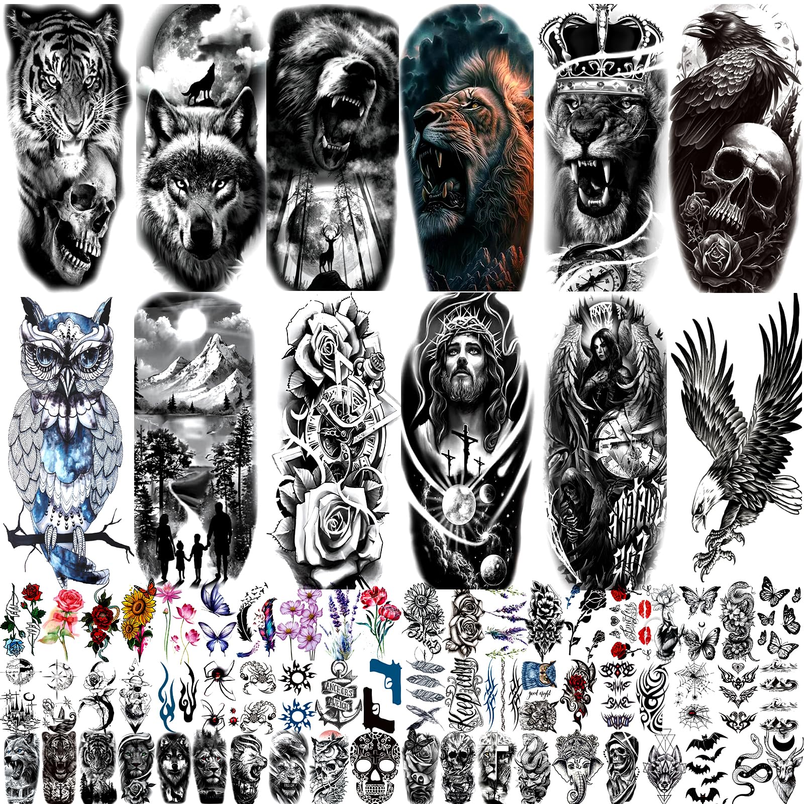 42 Sheets Temporary Tattoos Stickers (Include 10 Sheets Large Stickers), Fake Body Arm Chest Shoulder Tattoos for Men and Women