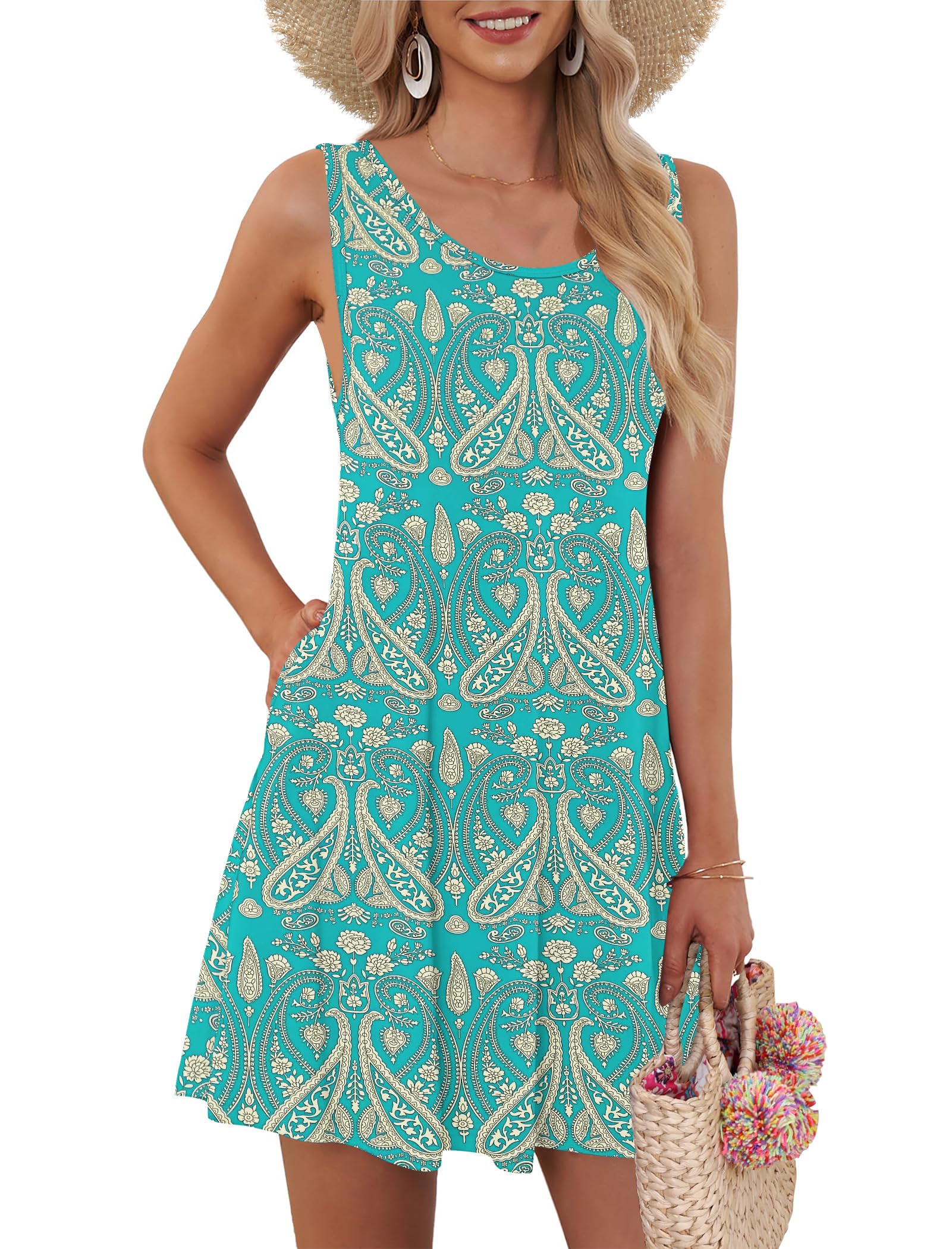 Auselily Women's Boho Floral Green New Beach Dresses For Uk Mini Sleeveless Summer Dress With Pocket 2XL