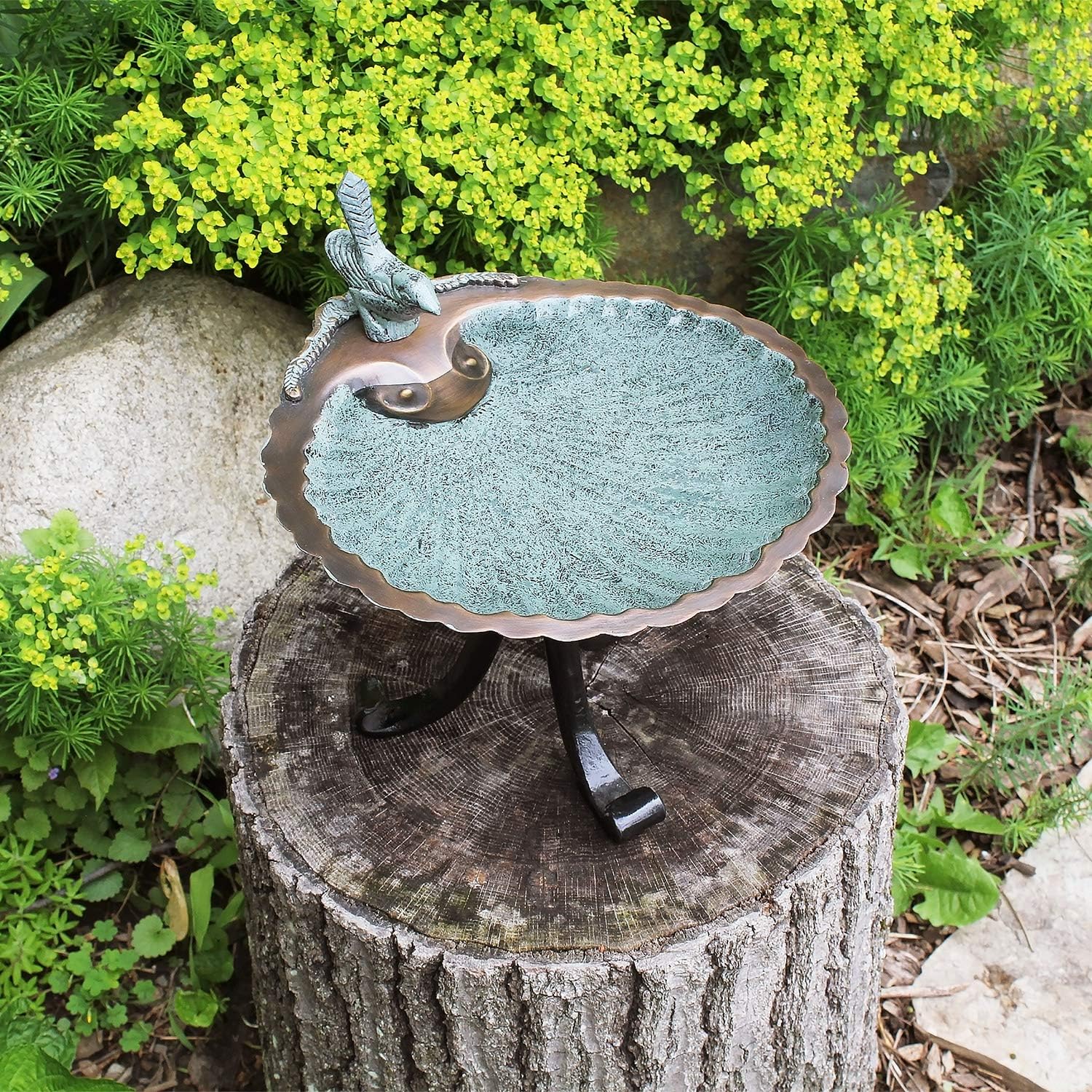 Achla Designs BBM-01-TR Scallop Shell Tripod Stand Birdbath, Antique Brass Plated, Black