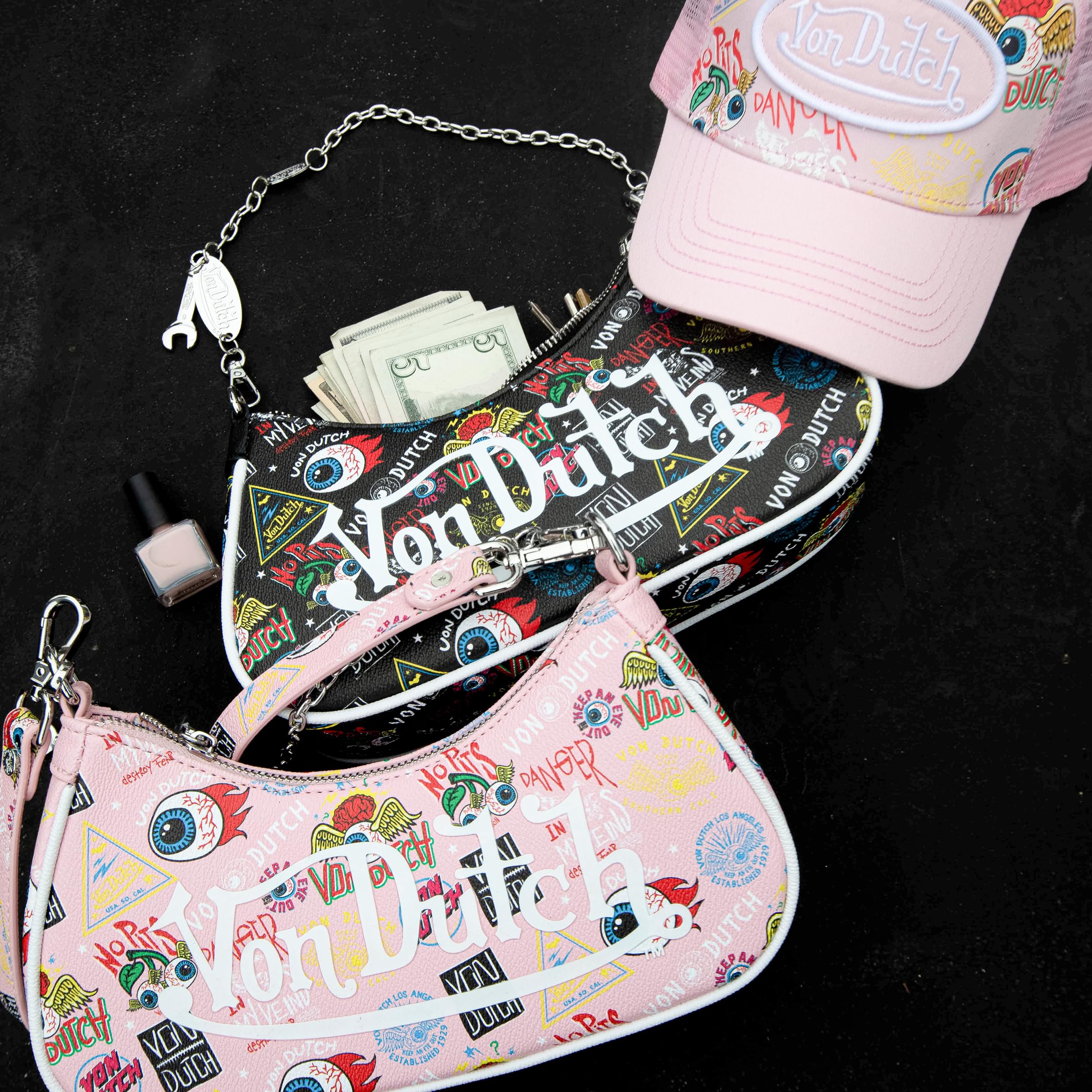 Von Dutch Womens Rhinestone Shoulder Bag – Stylish Handbag with Adjustable Strap, Spacious Interior, and Iconic Logo Design (Black and White Rhinestone)