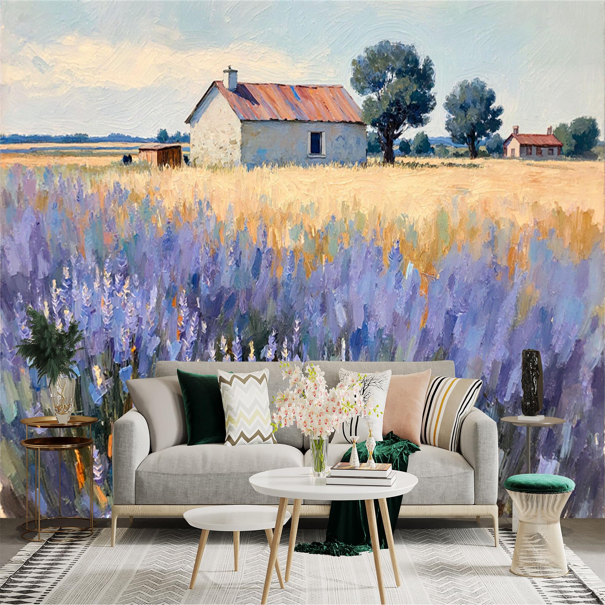 Lnzczhyre Xc260505352 Custom Size Wall Sticker Mural， Lavender Fields， Rustic Farmhouse， Countryside Landscape， Oil Painting Style， For Wall Decoration， Peelandstick Wall Decals.