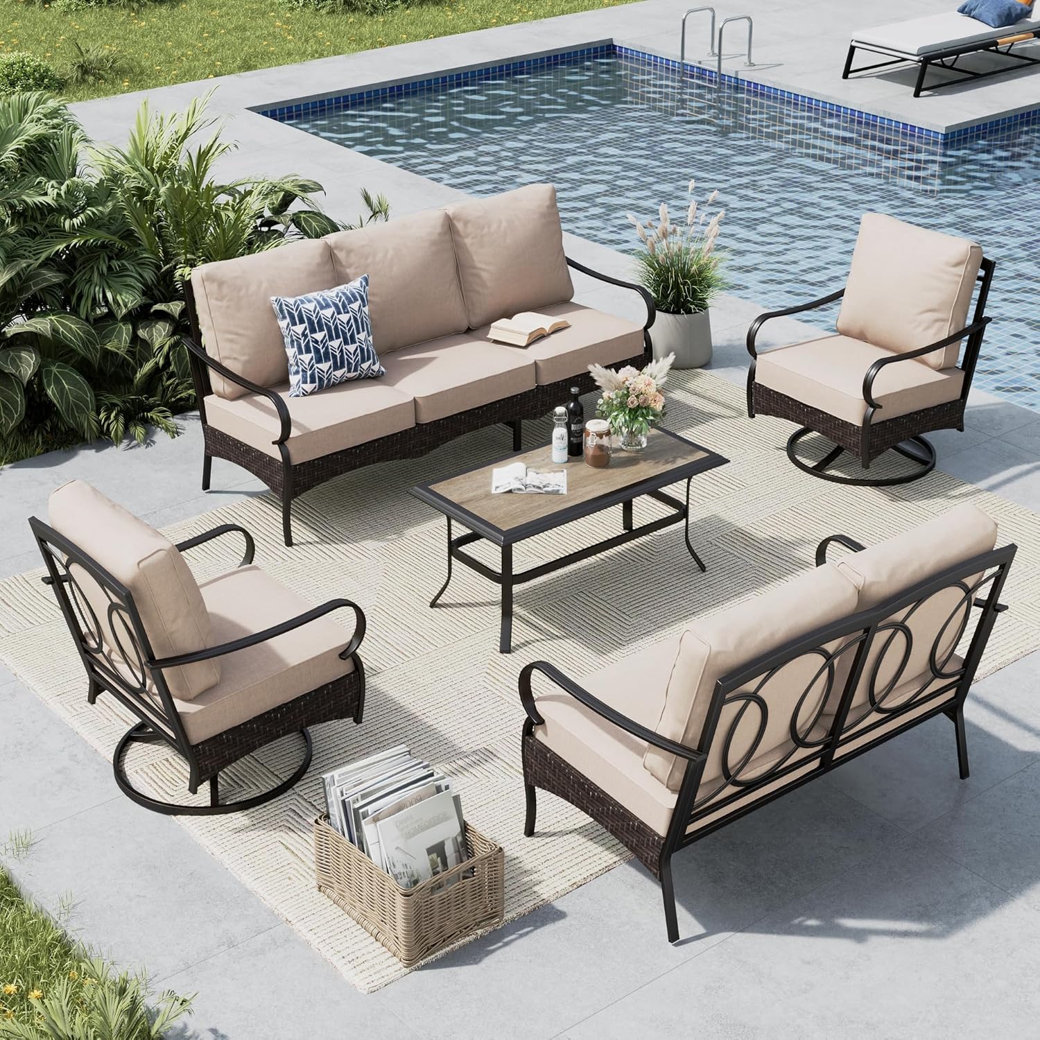 MFSTUDIO 5-Piece Beige Rattan Wicker Outdoor Patio Conversation Set with Swivel Sofas, 2-Seat & 3-Seat Sofa, Coffee Table