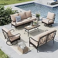 MFSTUDIO 5-Piece Beige Rattan Wicker Outdoor Patio Conversation Set with Swivel Sofas, 2-Seat & 3-Seat Sofa, Coffee Table