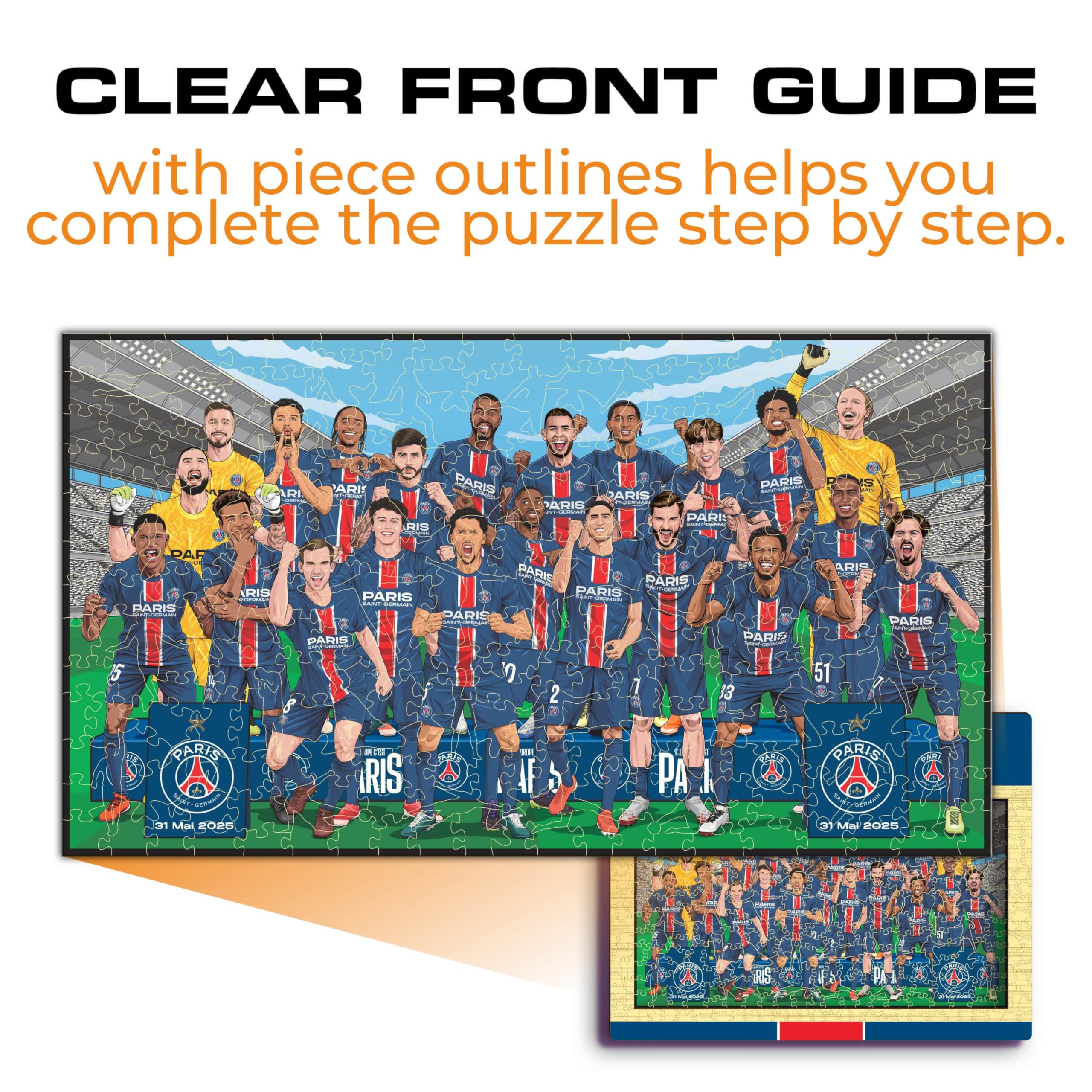 Iconic Puzzles - PSG Treble Winners Team 2024/25, oficjalnie licencjonowane drewniane puzzle, w 100% trwałe, prezenty dla dorosłych i dzieci, rozmiar M, 270 szt
