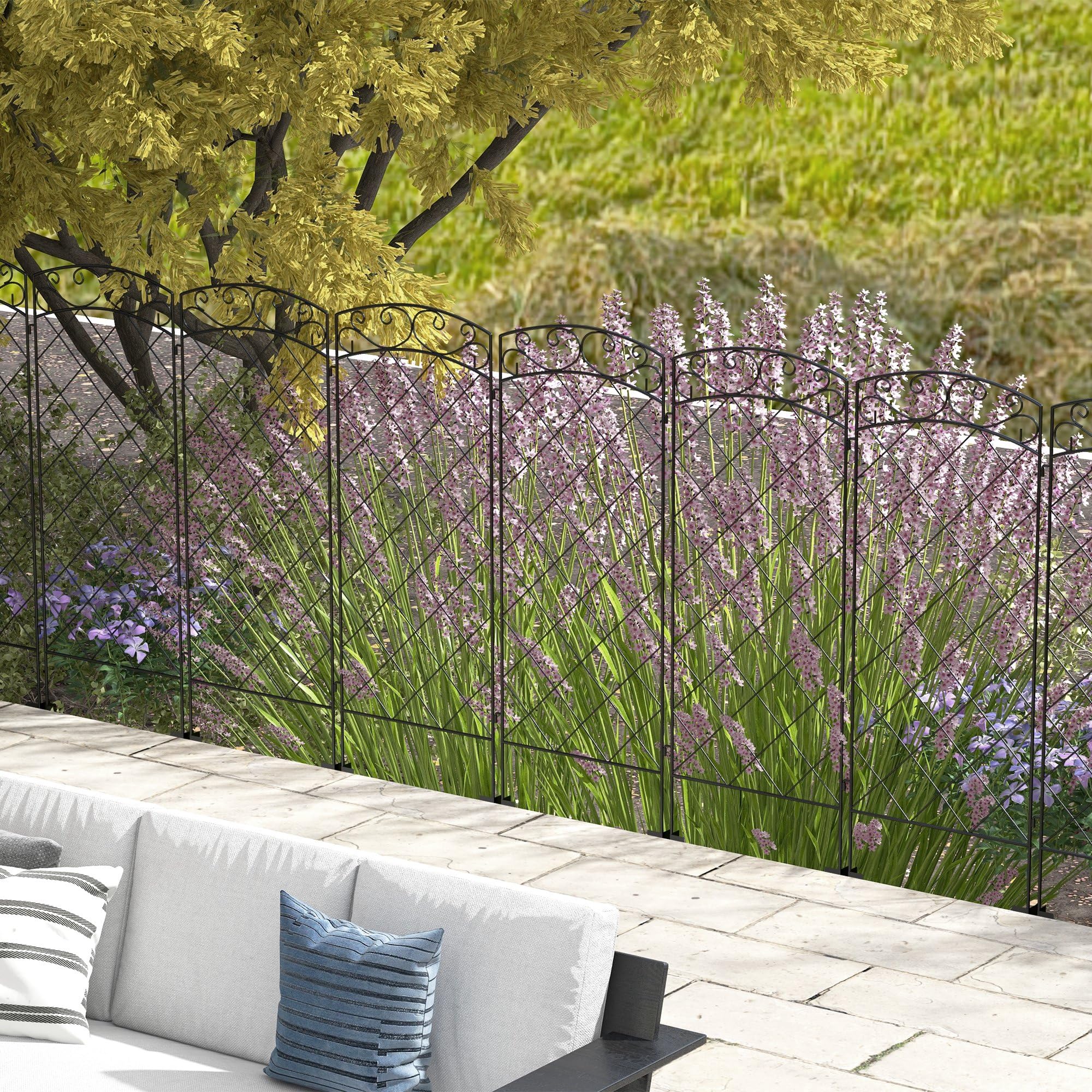 Outsunny Lot de 7 Clôtures de Jardin Décoratives Métal 344L x 110H cm Noir | avec Ornements, Clôture Jardin Extérieur