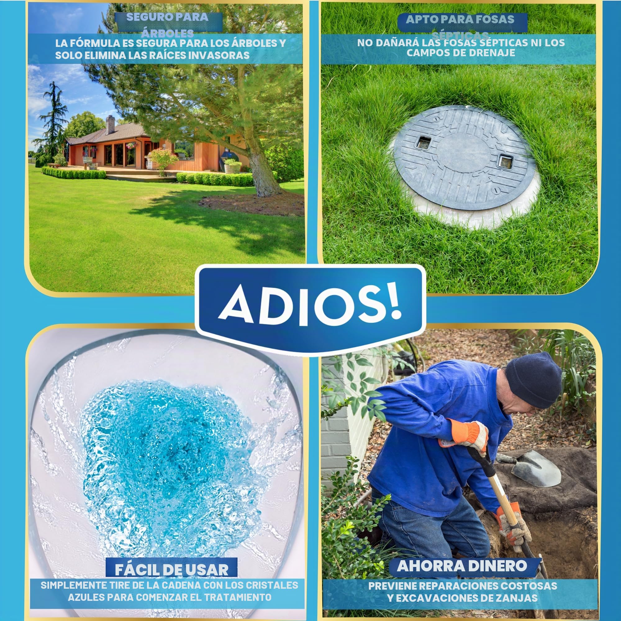 Adios! Eliminador de raíces sépticas y alcantarilladas para árboles y arbustos, fórmula de sulfato de cobre que protege tuberías de alcantarillado, desagües y tanques sépticos del crecimiento invasivo