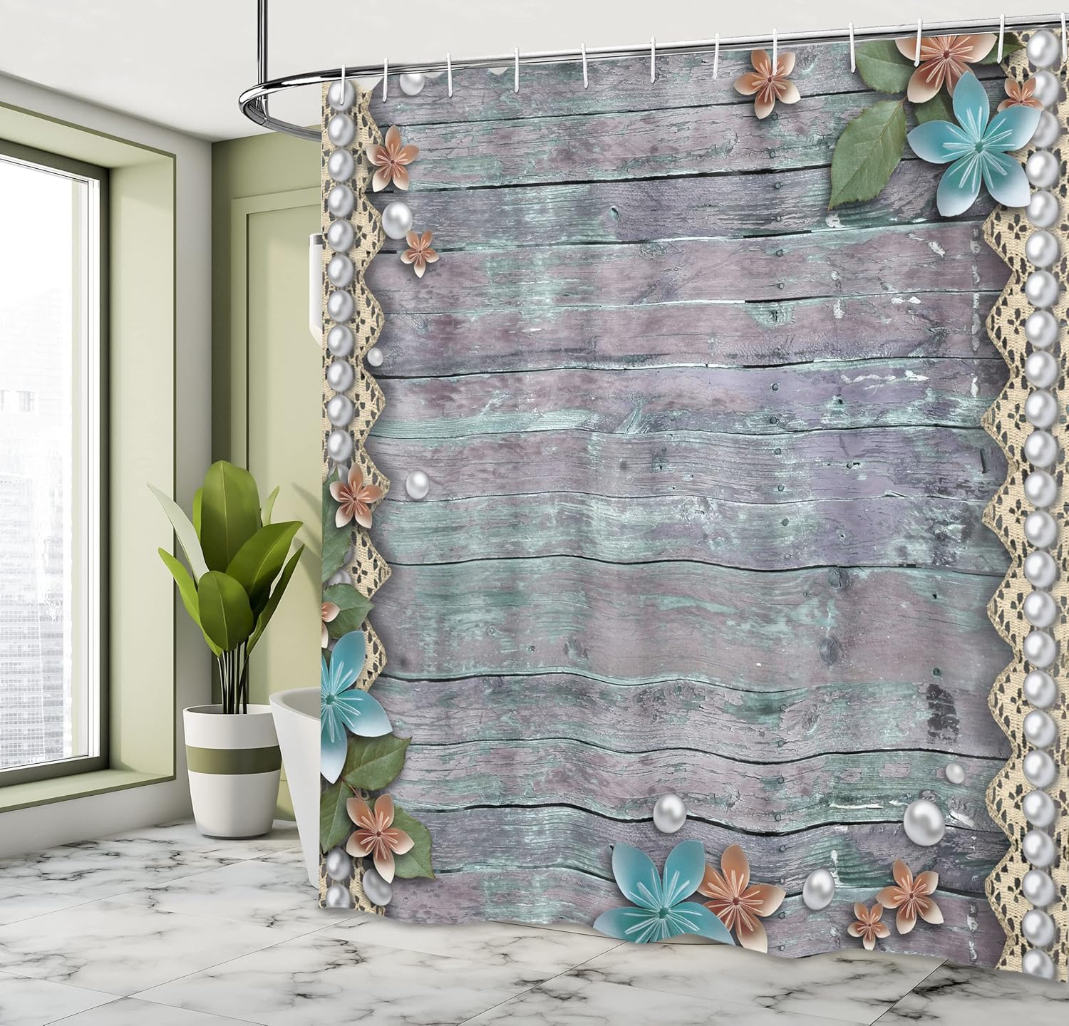 Ambesonne Pearls Shower Curtain, Floral Rustic Designed Pearls and Lace Like Design Flowers Wooden Background Print, Cloth Fabric Bathroom Decor Set with Hooks, 69" W x 84" L, Brown Blue