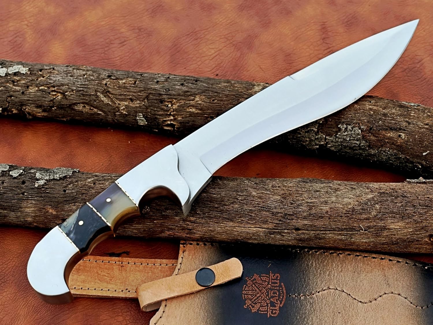 | 15 inch handcrafted hunting knife with leather Sheath, 9.5-inch Stainless Steel double edged Blade with 5.5-inch handle for Camping, Outdoor, Bush craft
