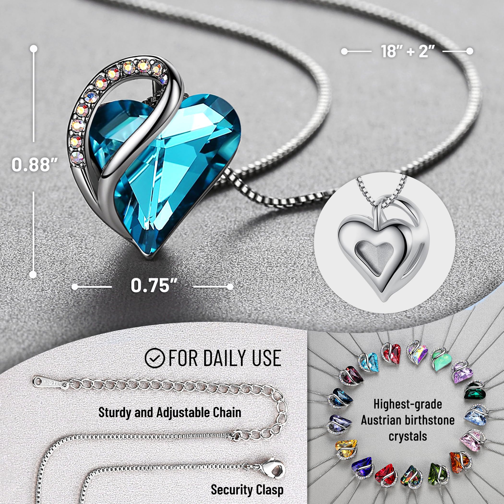 Leafael Infinito Amore Cuore Collana Argento, Pietra di nascita collana donna con cristalli curativi, Senza allergie Gioielli Regalo Donna, ciondoli per collane con scatola regalo inclusa