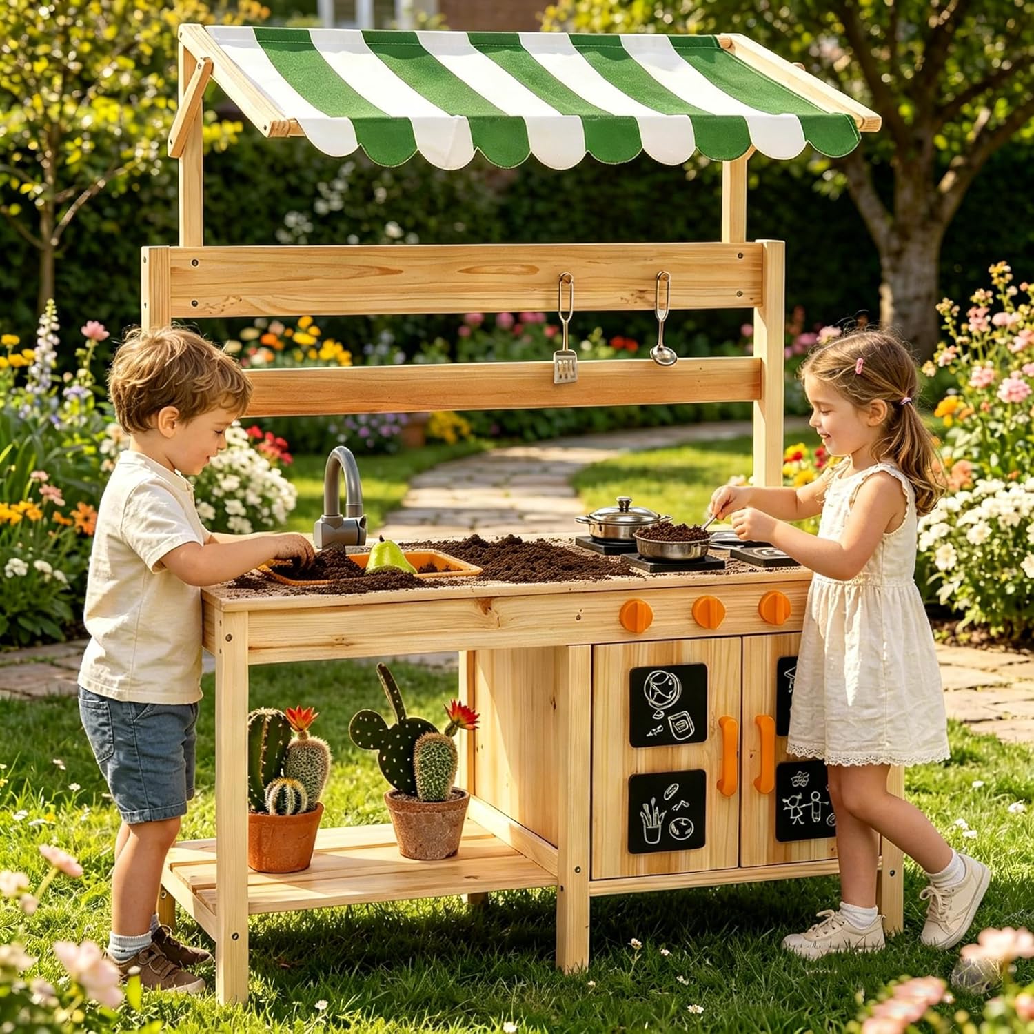 Costzon Mud Kitchen with Canopy, Fir Wood Kids Kitchen Playset with 4 Stoves, Removable Sink, Blackboards, Cooking Accessories, Outdoor Play Kitchen for Kids Toddlers, Gift for Boys Girls Ages 3+