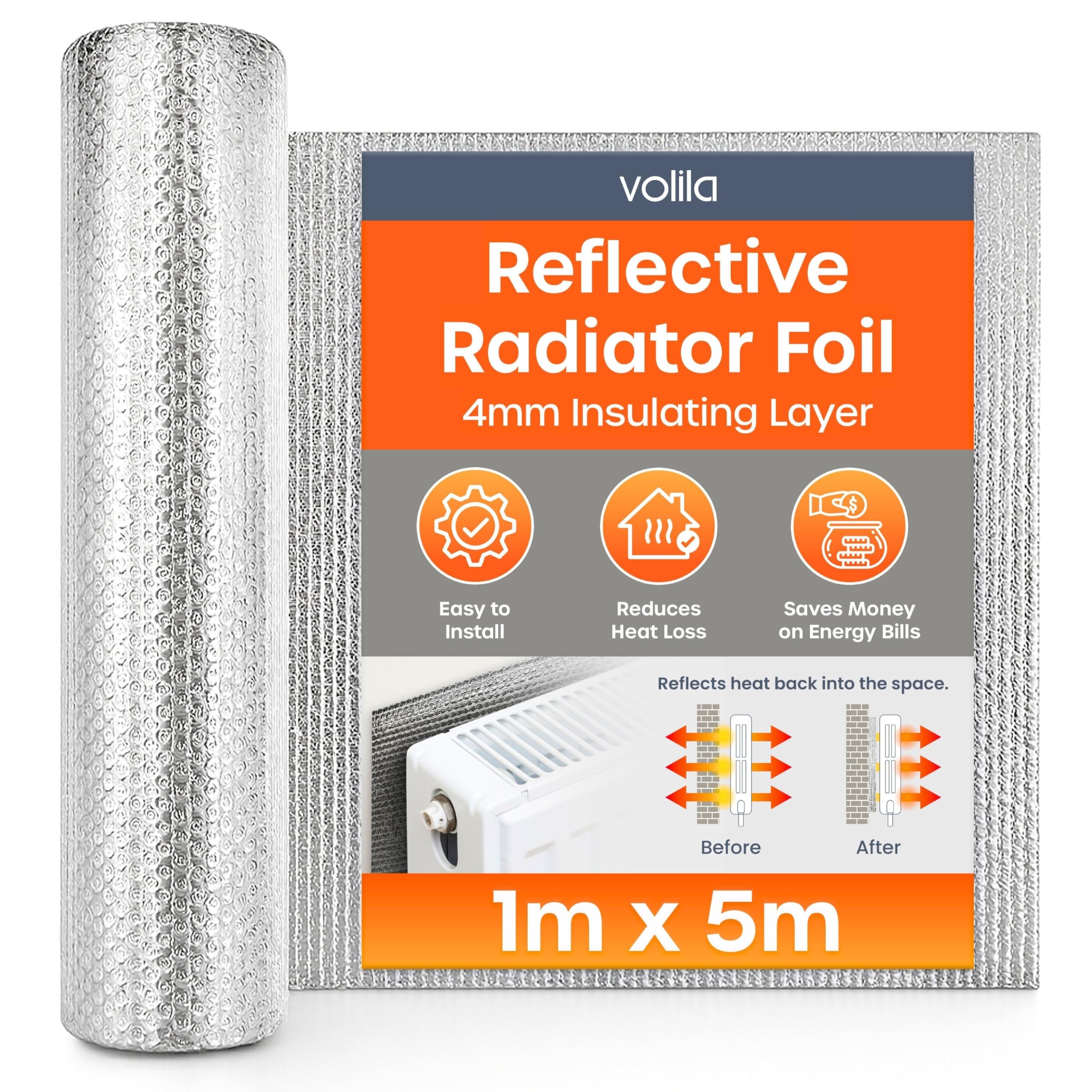 Radiator Foil Insulation Roll 1m x 5m - 1 Pack Radiator Reflector Panels for Enhance Heat Efficiency - Energy Saving Radiator Heat Deflector for Home Heating