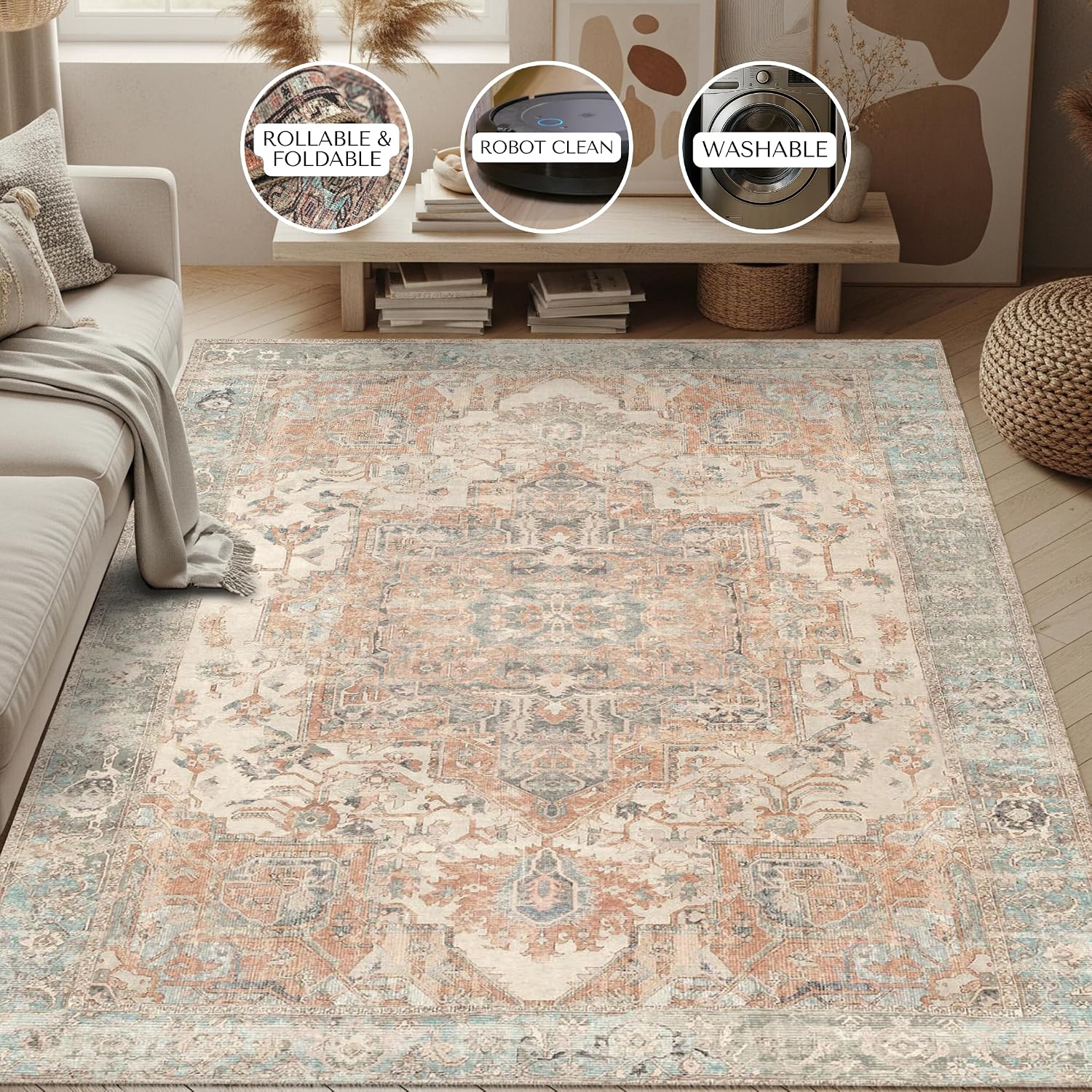 Boho Oushak Rug 2'5"x5' – Washable Vintage Small Rug for Kitchen, Entryway, Bathroom, Bedroom – Non-Slip, Foldable Turkish Area Rug for Indoor Use