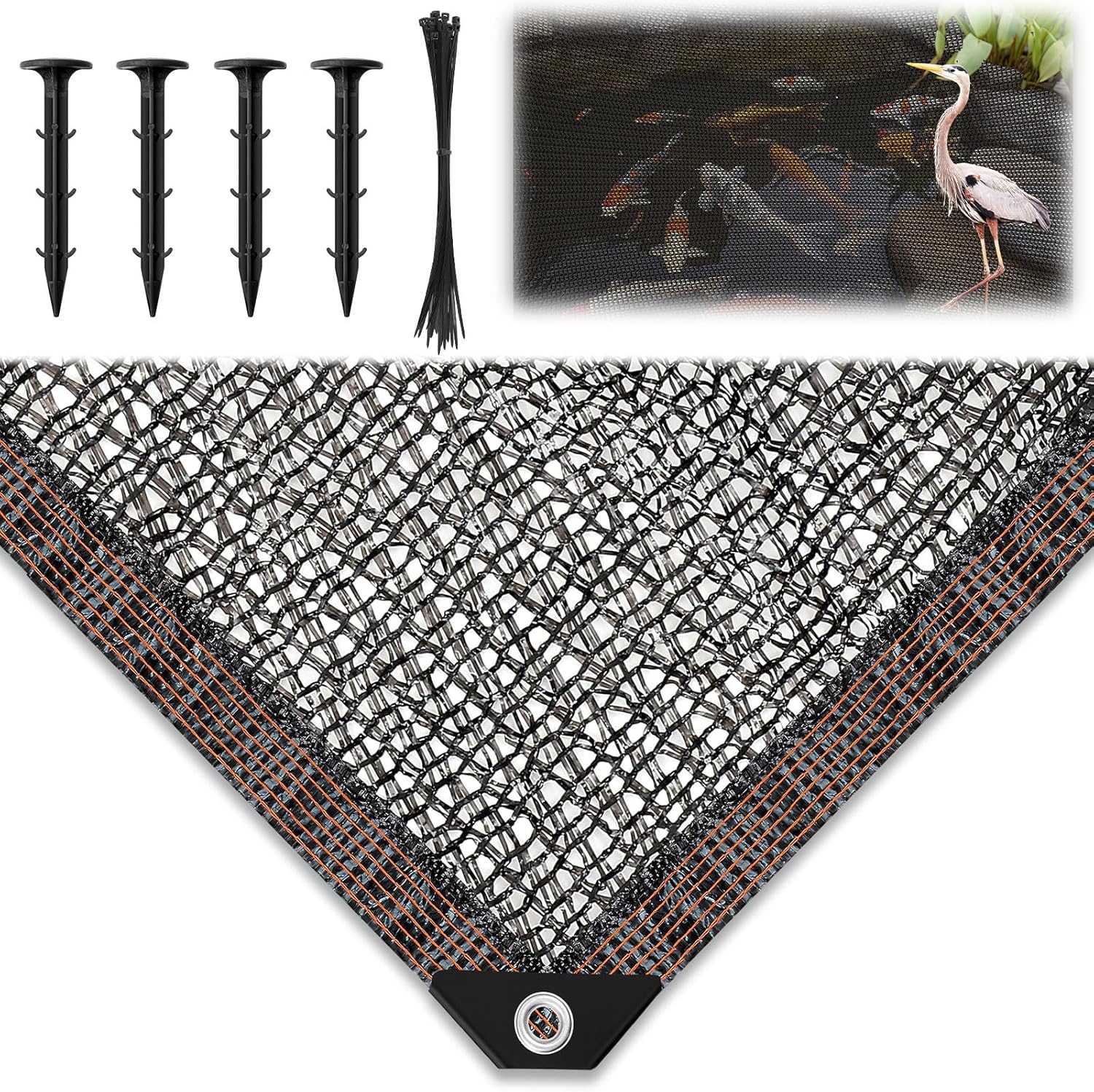 Koi Pond Netting Kit 14 x 14ft, Heavy-Duty Pe, Bird Deer Fence Netting, Durable Net Cover for Leaves, Protect Fish from Blue Heron Bird, Cats & Predators, Stakes & Ties Included