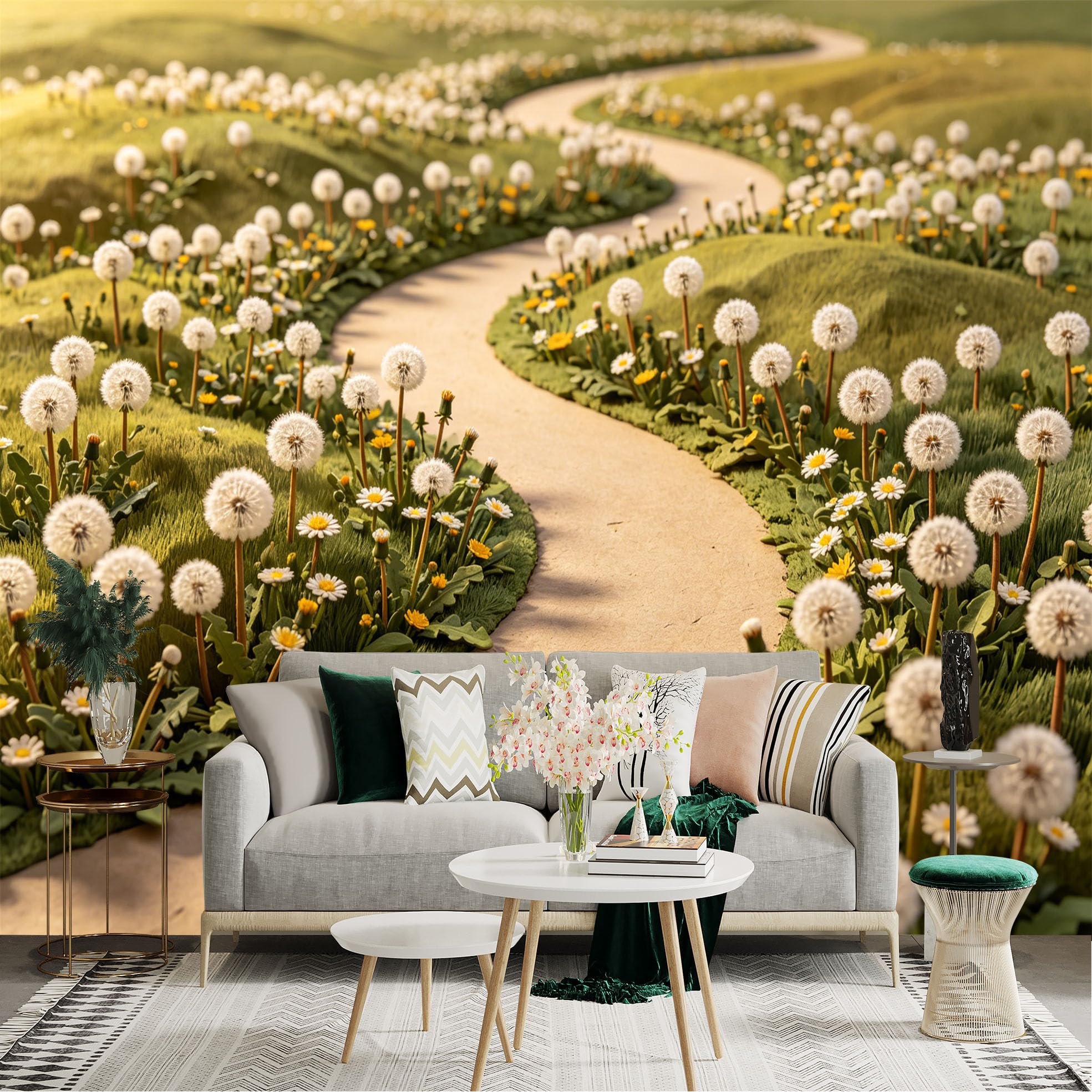 Lnzczhyre Dbh260521305 Custom Size Wall Sticker Mural， Winding Path Through Dandelion Fields， Sunny Meadow Landscape， Spring Nature Scenery， Soft Floral Meadow Path， For Wall Decoration， Peelandstick Wall Decals.