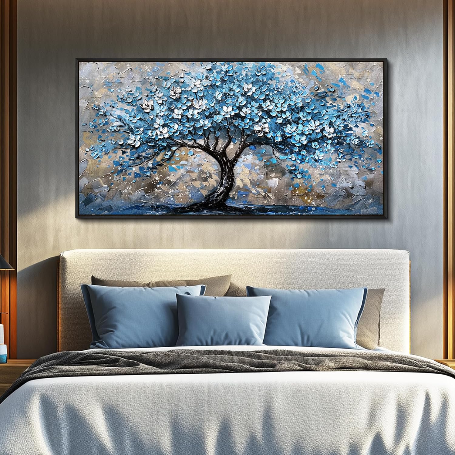FUHAIHUA Black Framed Canvas Wall Art For Living Room Wall Decor For Bedroom Office Wall Decoration Blue Tree Painting Abstract Pictures Artwork Room Aesthetic Home Decor 20x40 In