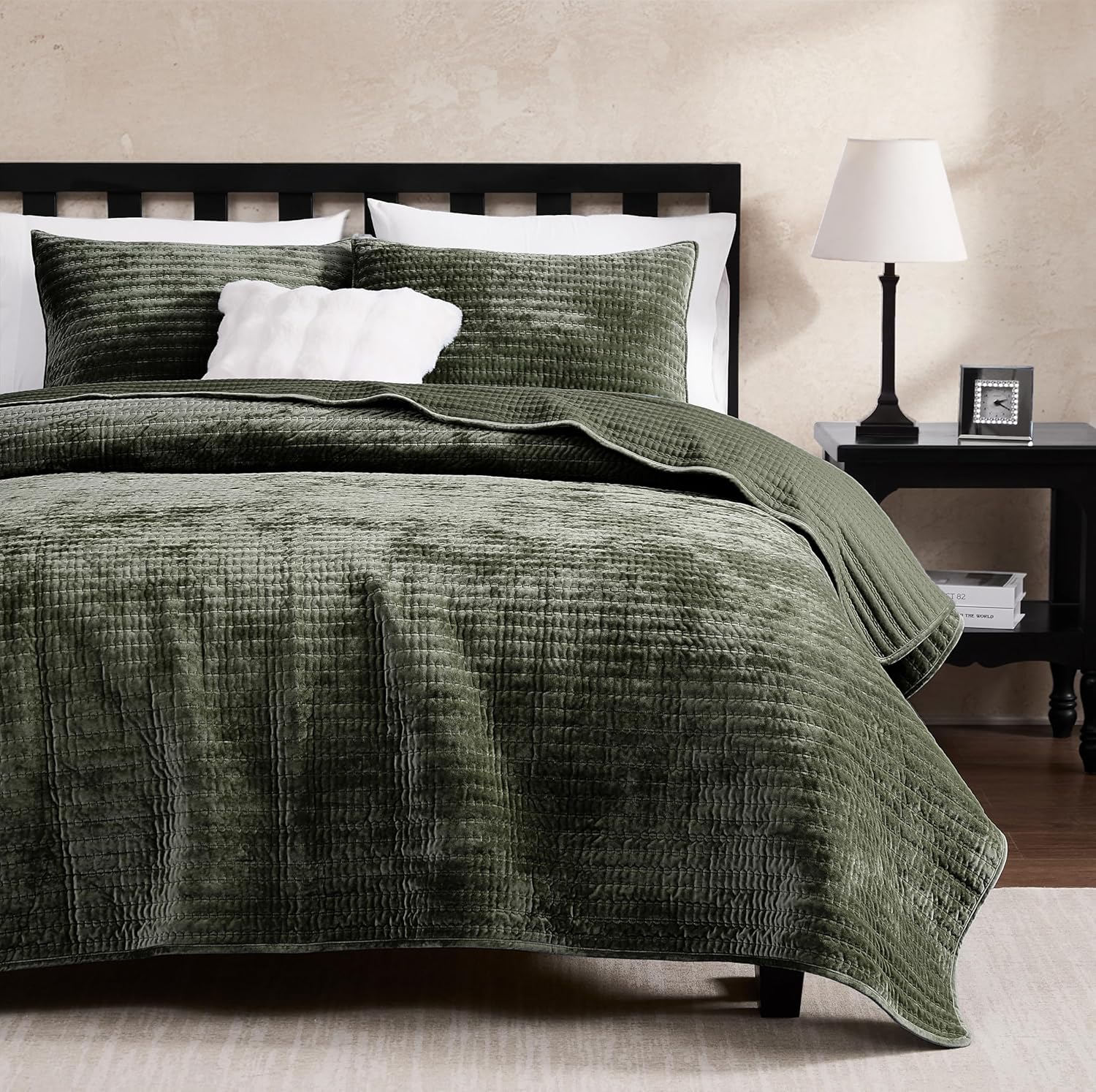 WDCOZY Velvet Queen Size Quilt Set - Olive Green Striped Pick Stitch Soft Lightweight Bedspread, Channel Farmhouse Country Rustic Coverlet, Modern Bedding Warm Thin Comforter, 3 Pieces
