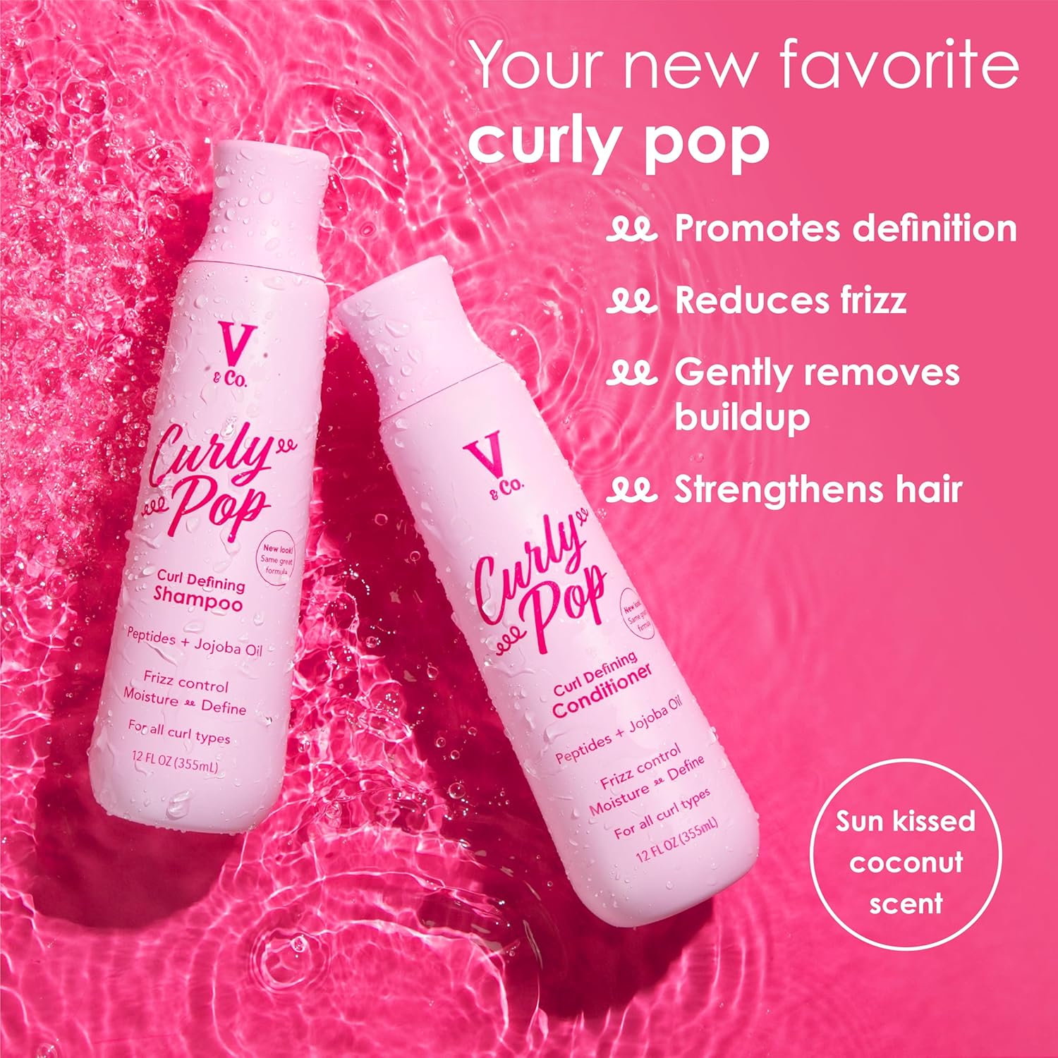 V&Co. Curly Pop Curl Defining Shampoo – Sulfate Free & Paraben Free Moisturizing Hair Care with Peptides, Amino Acids & Jojoba Oil for Hydration, Frizz Control & Healthy Curls – 12 fl oz