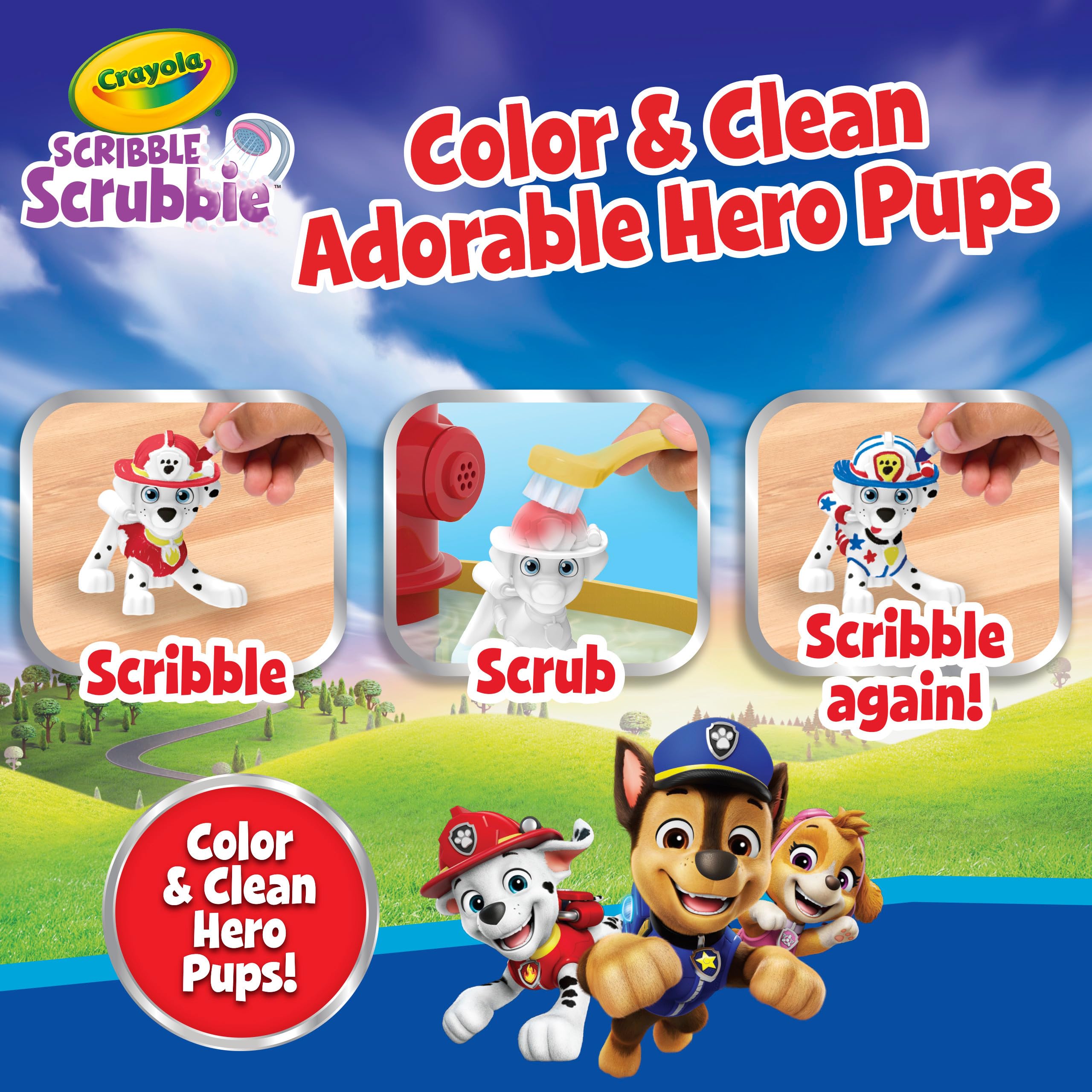 Crayola - Washimals Paw Patrol, zestaw kreatywny zawierający 5 szczeniąt, 8 flamastrów zmywalnych, wanienkę z prysznicem, szczoteczkę, zabawa i prezent dla dzieci, od lat 3, 74-0291