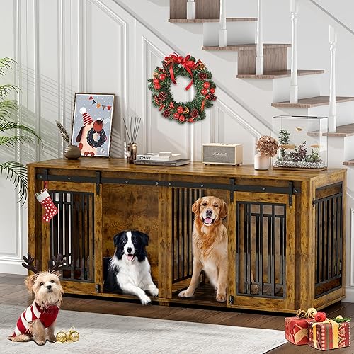 Vista 26 de Mueble grande para 2 perros, jaula de perro con marco de acero de 71.6 pulgadas con puertas dobles, perrera resistente para perros pequeños