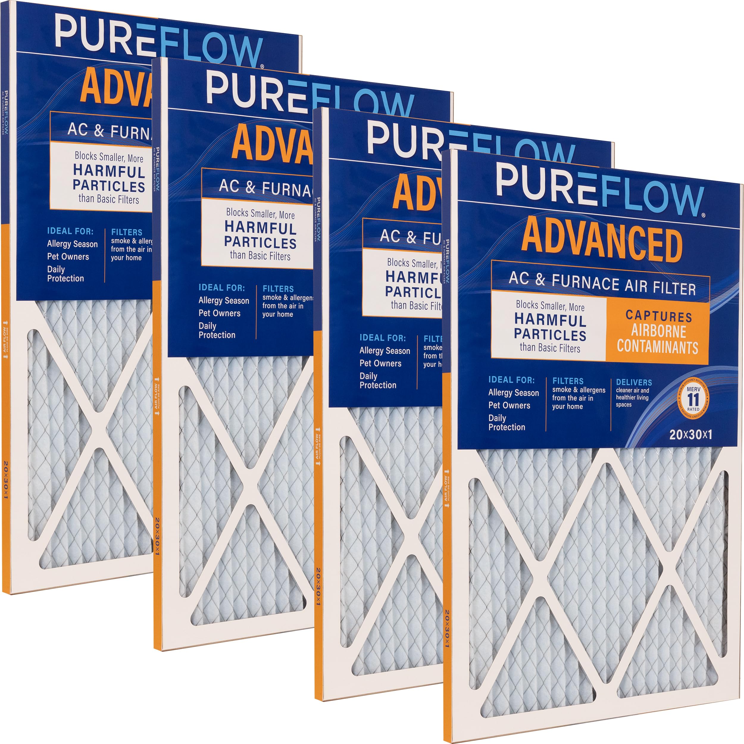 PUREFLOW Home Air Filter MERV 11, 20x30x1 Furnace Filter, 4 Layer High Efficiency Filtration for Dust, Smoke, Fumes, Pollutants (4-Pack)