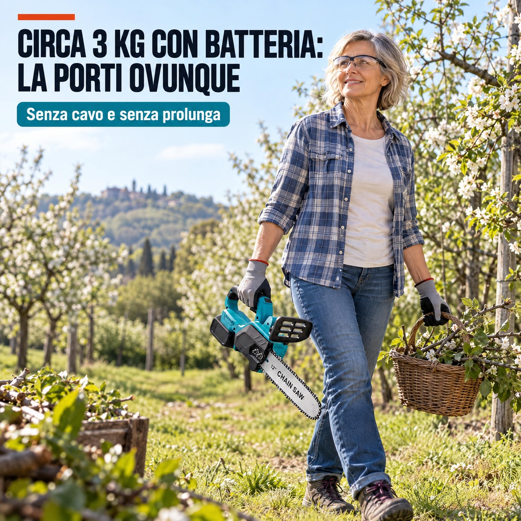 Motosega a Batteria Brushless 1500W con 2 Batterie 48V, Barra 30 cm