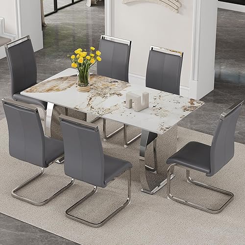 Juego de mesa de comedor moderno para 6, 7 piezas de mármol sintético para cocina, mesa de comedor con mesas de comedor rectangulares y 6 sillas