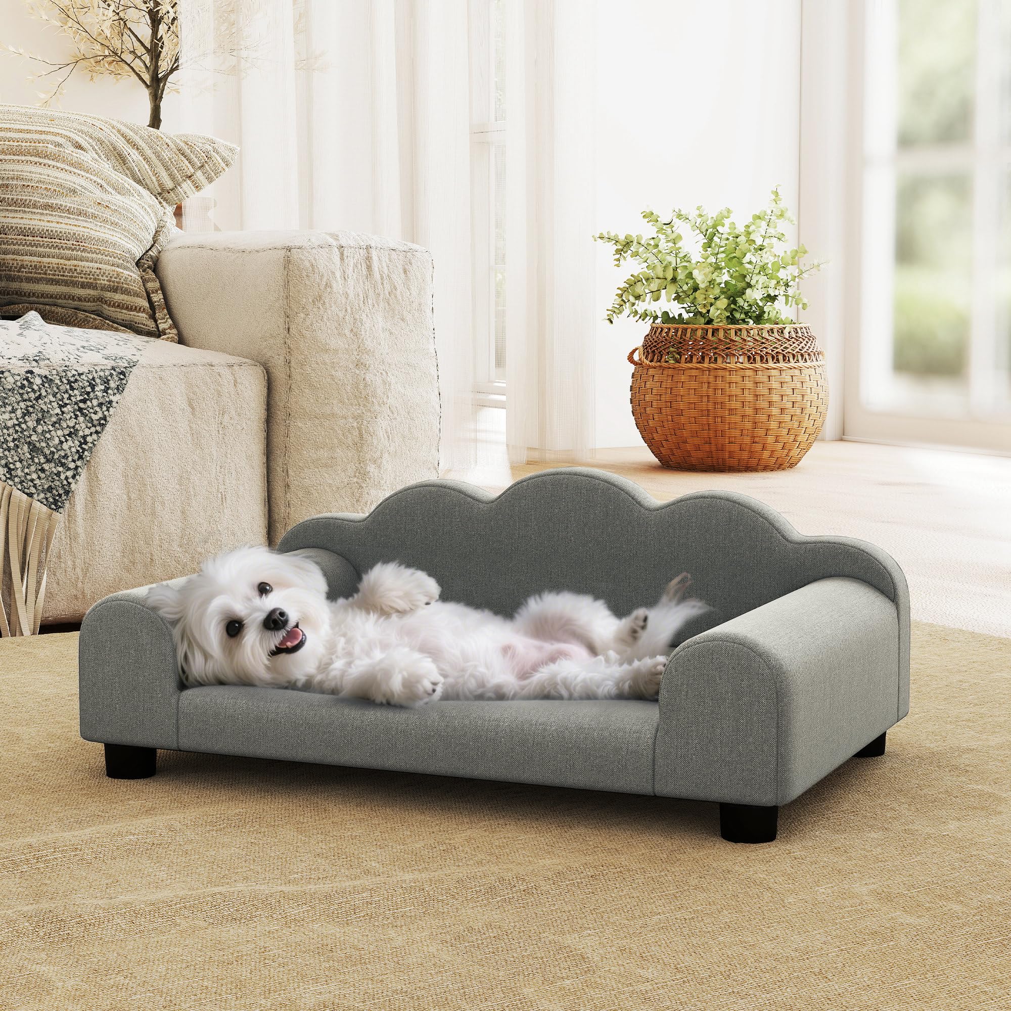 PawHut Divano per Cani Piccoli Morbido con Braccioli di Supporto, Divanetto per Cani in Legno e Tessuto French Terry, 66x42x28.5 cm, Grigio