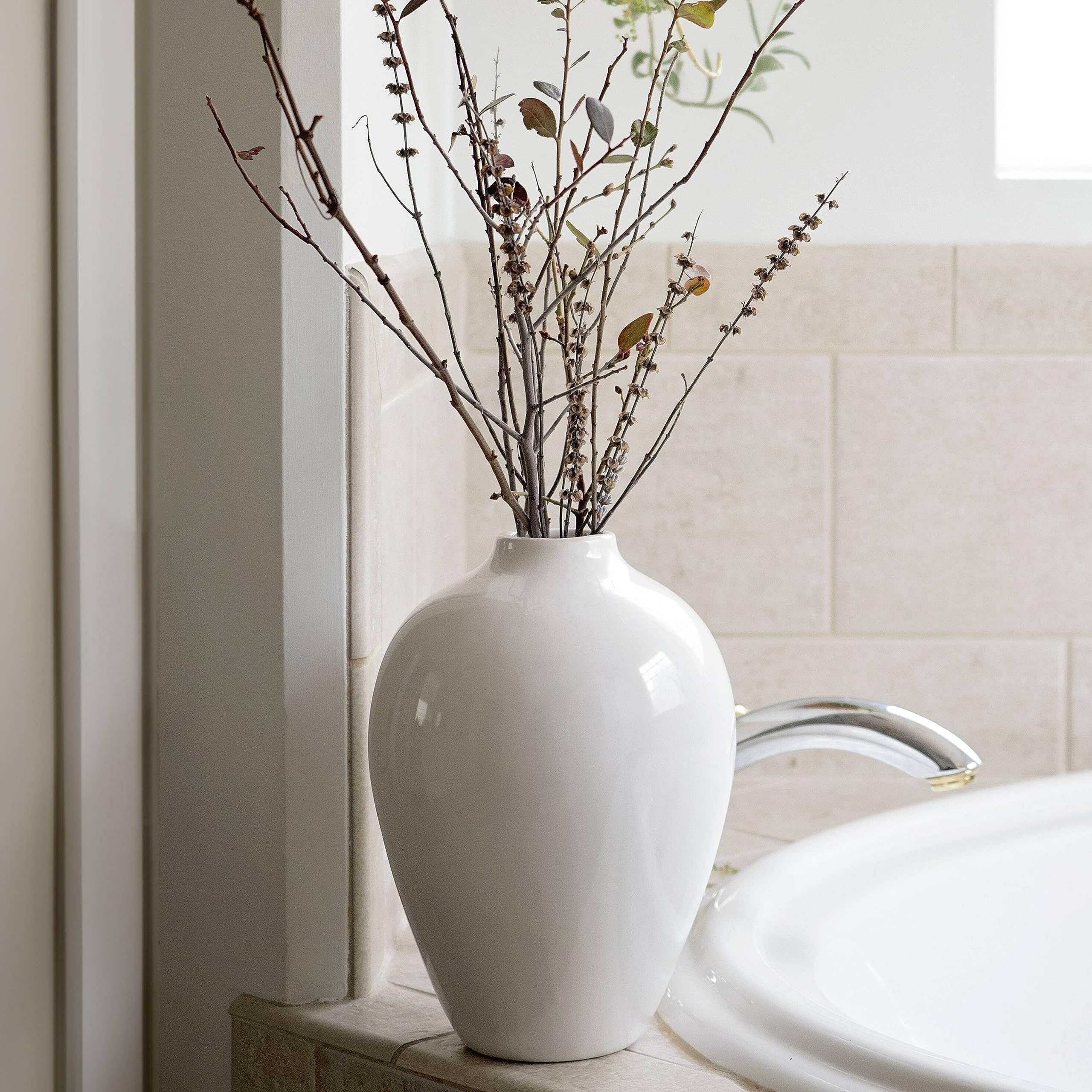 Willowy Porcelain Vase - White Ceramic Vase, 10inch Modern Design for Decor, Farmhouse Style, Large Vase for Pampas Grass, Durable, Leak Proof, Versatile